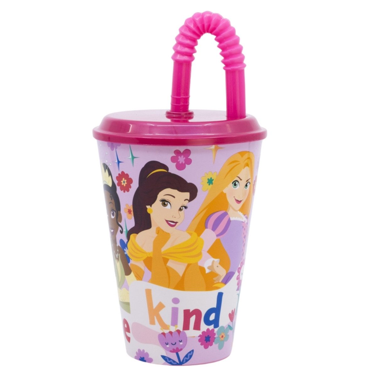 Disney Princess Becher Trinkbecher 430 ml mit Deckel und Strohhalm, Polyethylen
