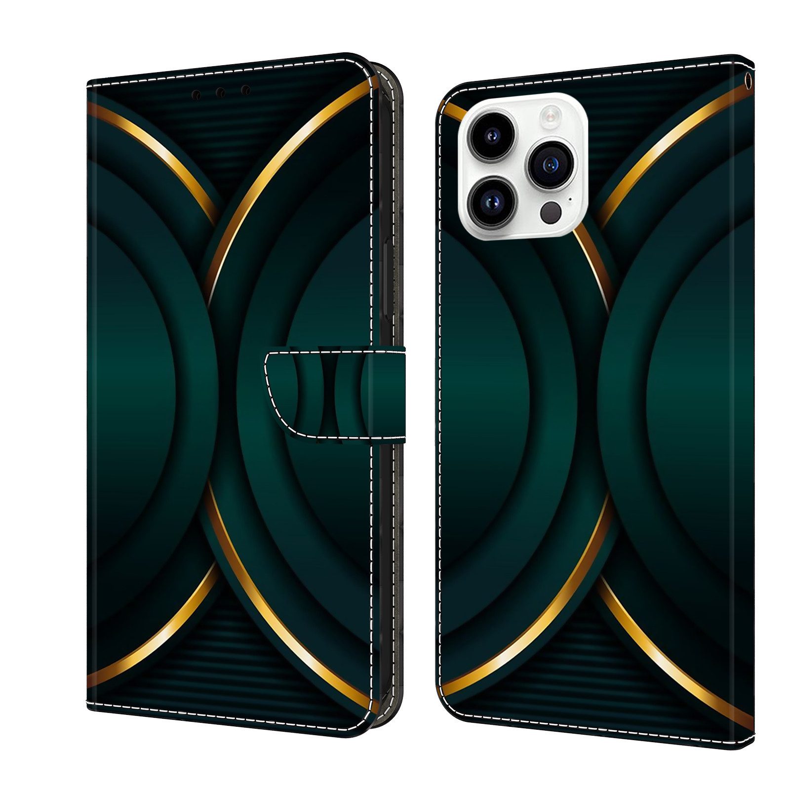 CLM-Tech Handytasche für iPhone 16 Pro Hülle aus Kunstleder Klapphülle (goldener Rand Kontur, Handyhülle mit Standfunktion - Wallet Flip Case inklusive Kartenfächer), - Cover mit Magnetverschluss - iPhone 16 Pro 6,3 Zoll Schutzhülle