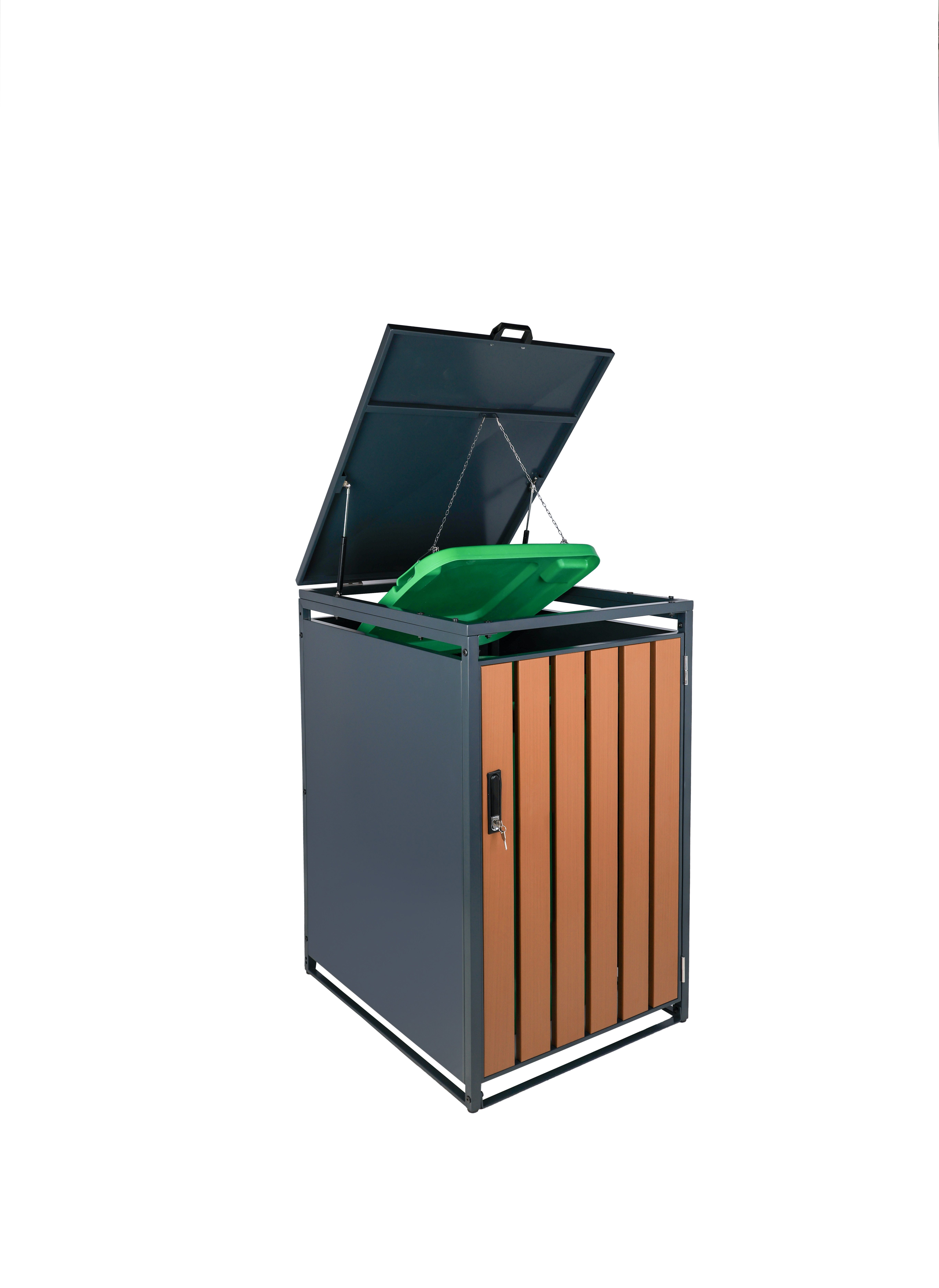 SCHULTE Regalwelt Mülltonnenbox Premium anthrazit, Tür: Holzoptik-dunkel, modular erweiterbar, inkl. Bodenanker, modular erweiterbar, mit Schloss & Gasdruckfedern