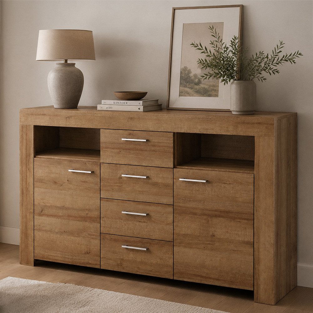 Lomadox Sideboard STEGNA-160, Eiche Nb., 155 cm breit, 2 Türen, Softclose-Funktion, 4 Schubladen