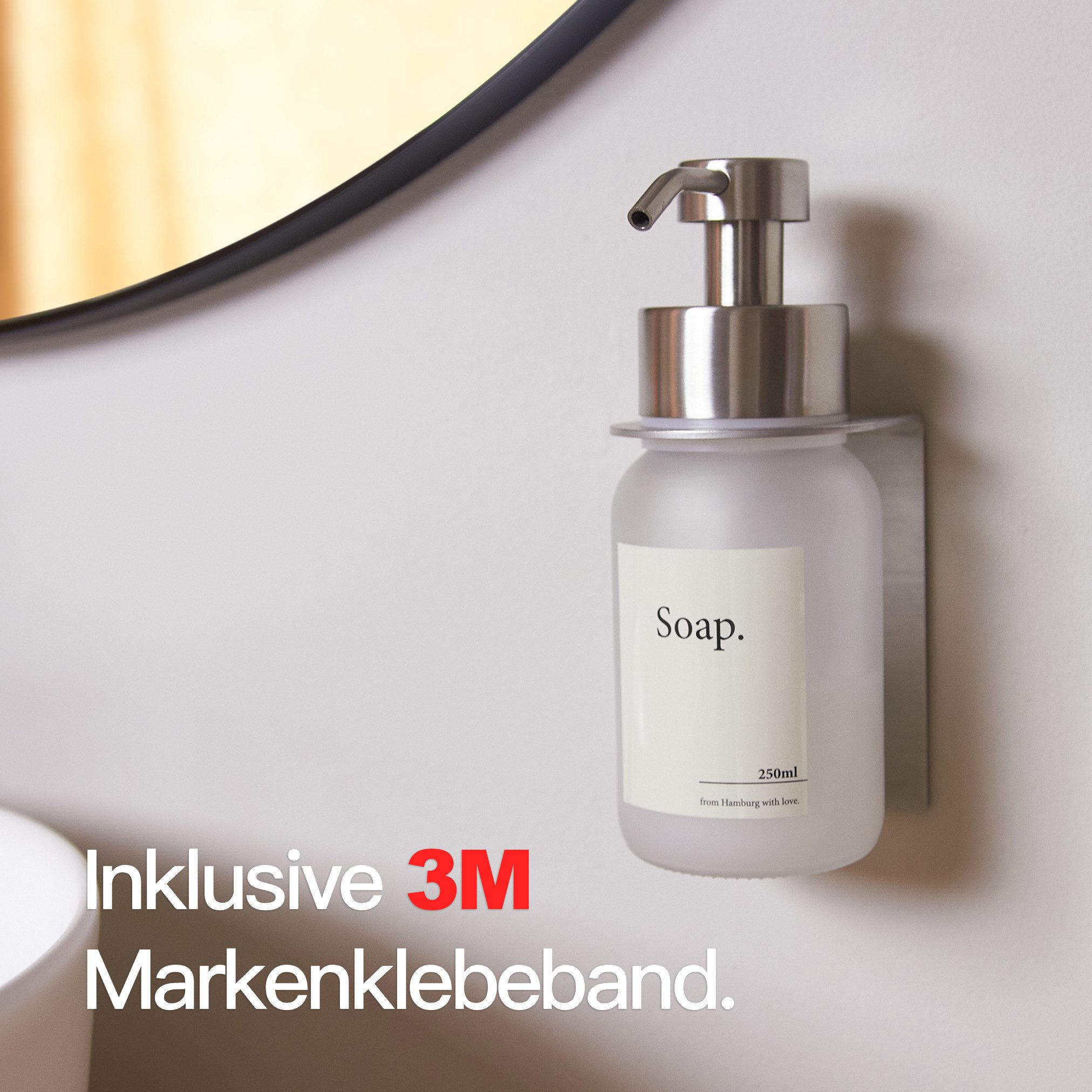Designfabrik Hamburg Seifenspender Wandmontage ohne Bohren 250 ml, Pumpspender für Flüssigseife, (1-tlg), Glas & Edelstahl, inkl. Markenklebeband für besonders starken Halt