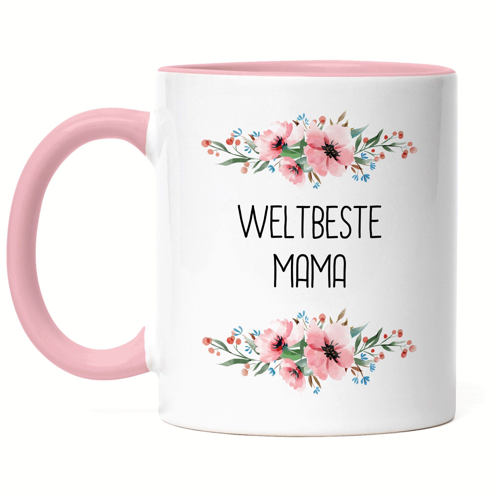 Hey!Print Tasse Weltbeste Mama Tasse Mutterliebe Blumenmotiv Geschenkidee Muttertag Geburtstag, Keramik Rosa