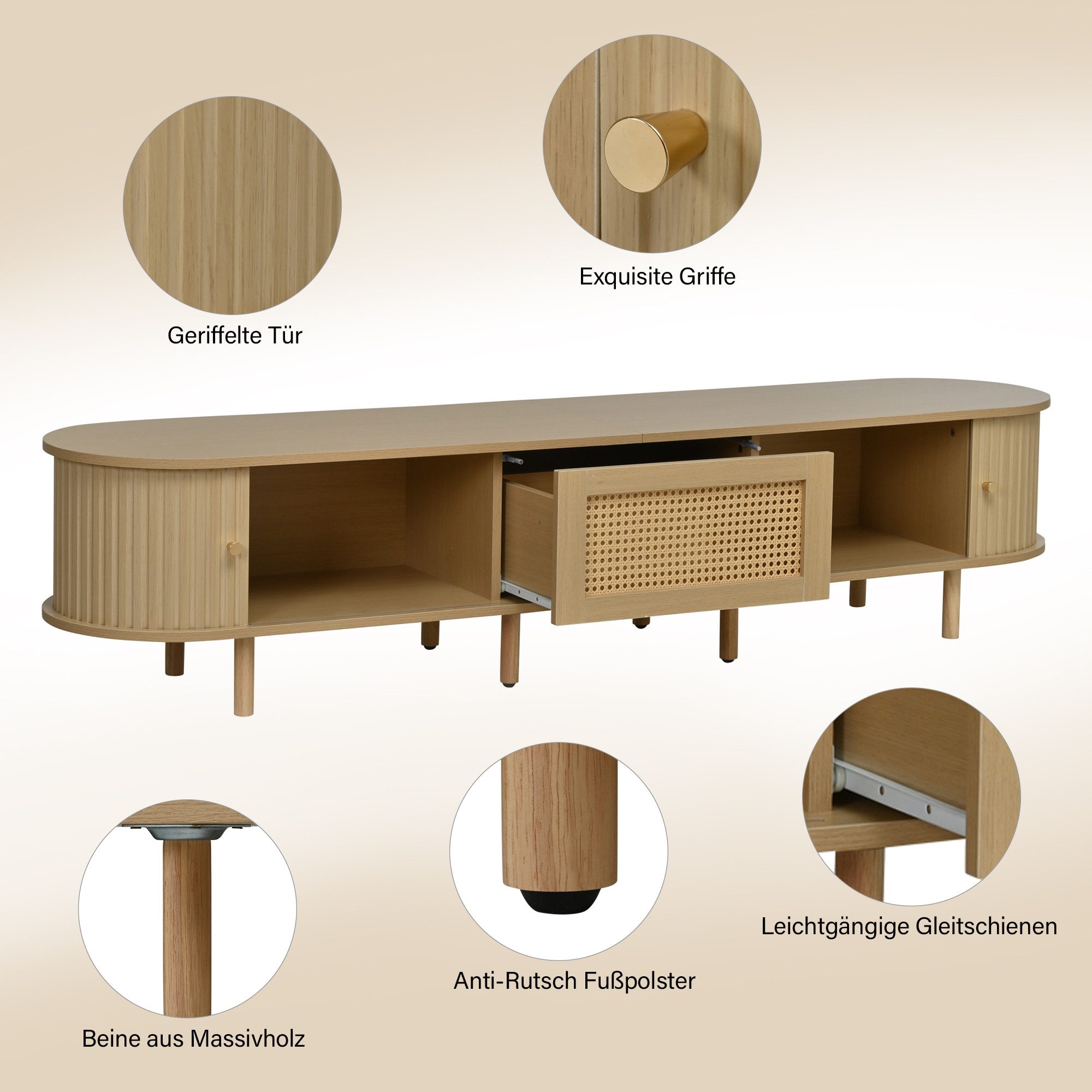 Merax Lowboard Ovaler TV-Schrank mit goldenen Griffen & Rattan-Design in Walnuss (1 St., 180x40x40 cm), TV-Lowboard mit Schublade Schiebetüren & verstellbaren Massivholzfüßen