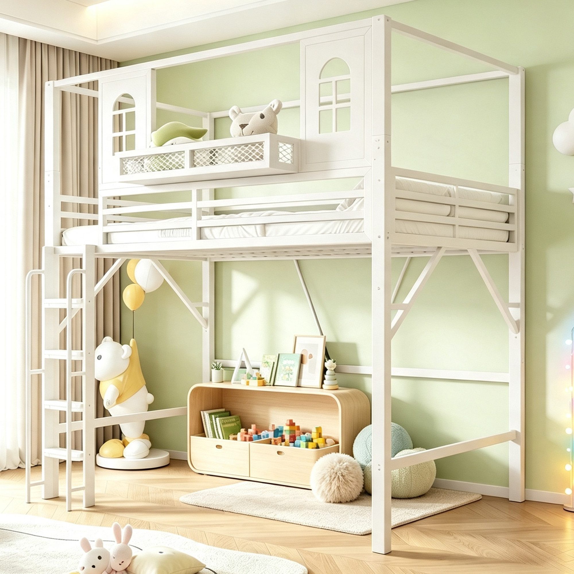 Flieks Hochbett Metall Kinderbett 90x200cm Hausform mit Lattenrost & Sicherheitsleiter
