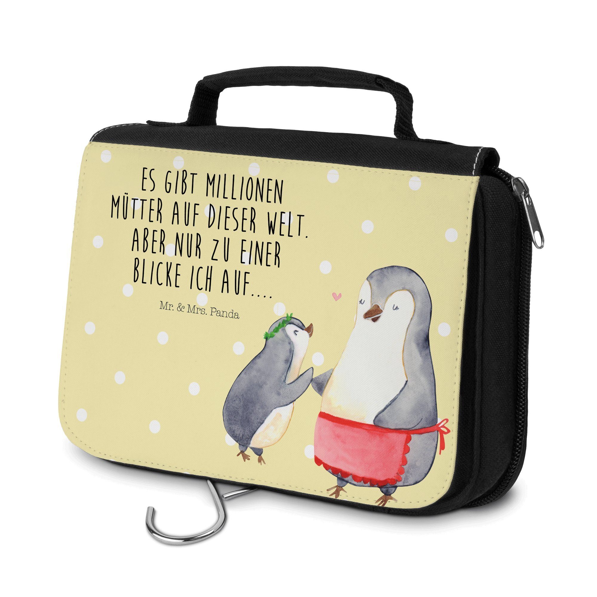 Mr. & Mrs. Panda Kulturbeutel Pinguin mit Kind - Gelb Pastell - Geschenk, Mutti, Oma, Aufbewahrungs (1-tlg) | Kulturbeutel