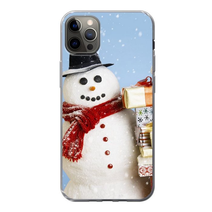 MuchoWow Handyhülle Ein Schneemann mit Weihnachtsgeschenken Handyhülle Apple iPhone 12 Pro Max Smartphone-Bumper Print Handy