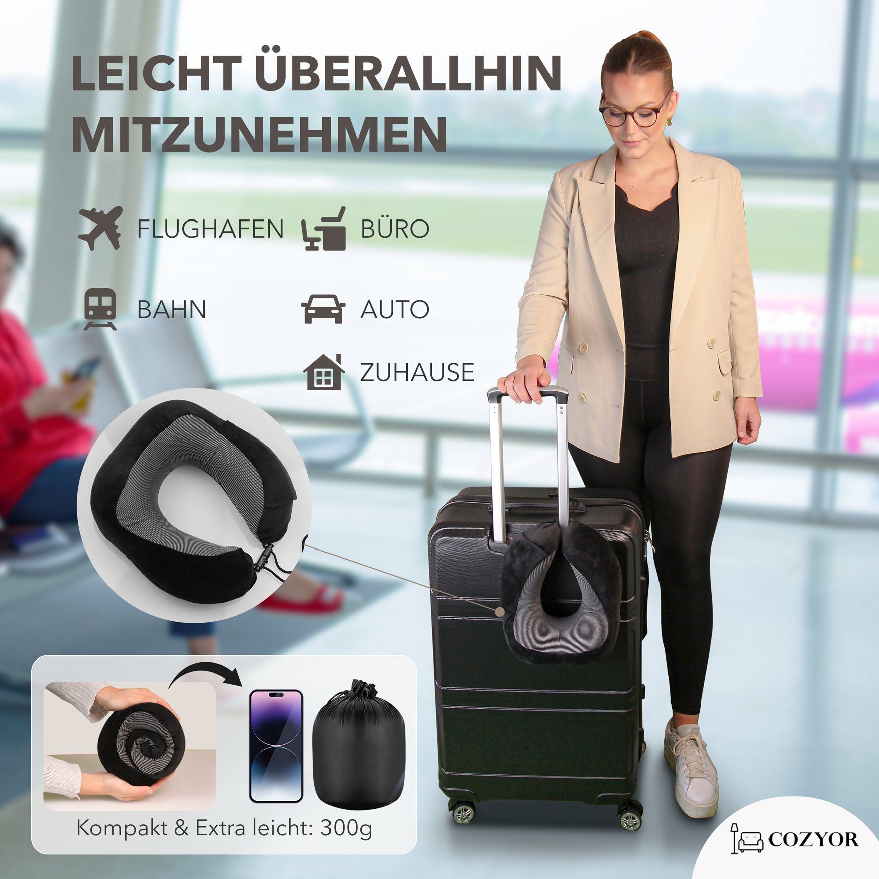 Cozyor Nackenstützkissen Memory Nackenkissen mit verstellbarem Verschluss + praktischer Tasche, Füllung: Memory Schaum Gedächtnisschaum, Bezug: waschbarer Bezug, Set, Nackenhörnchen zum Reisen, klein & kompakt, schwarz Eclipse Serie, auch im Reise-Set mit Reisedecke & Augenmaske erhältlich