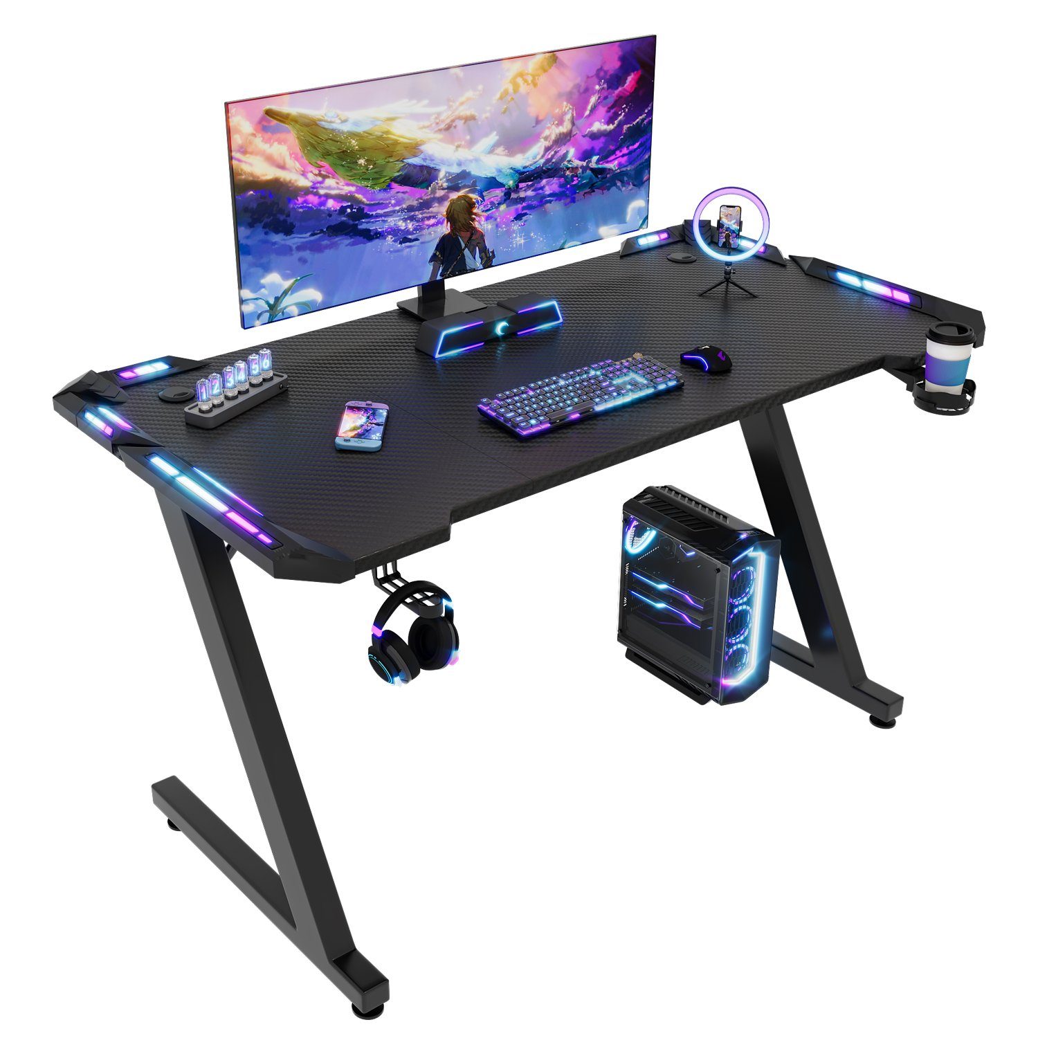 HOMALL Gamingtisch LED Gaming Tisch mit RGB Lichtern 120/140/160cm  Computertisch