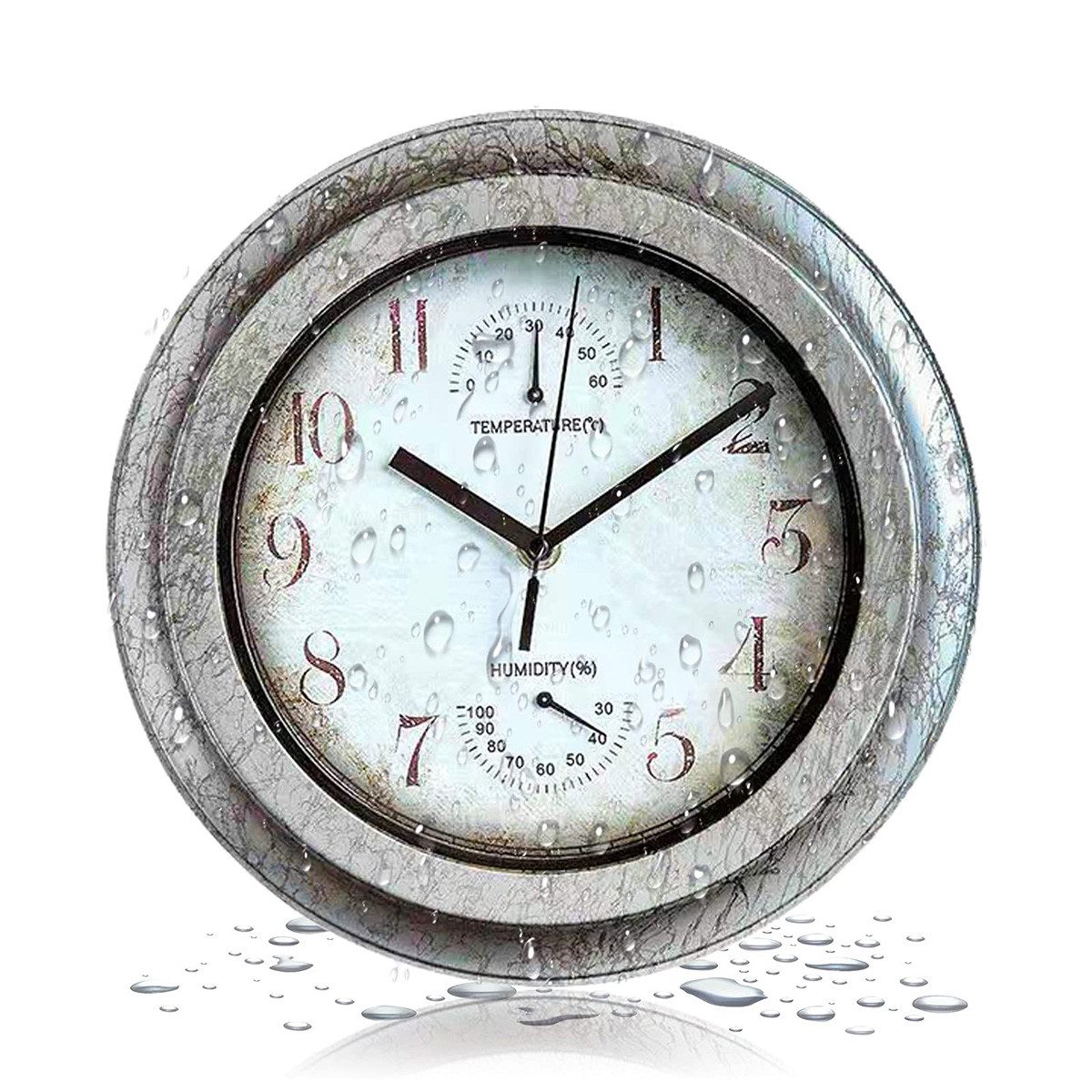 Welikera Wanduhr 30cm Wanduhr Vintage,Vintage Wanduhr,12 Zoll (Eingebautes Thermometer und Hygrometer,Geeignet für den Außenbereich)