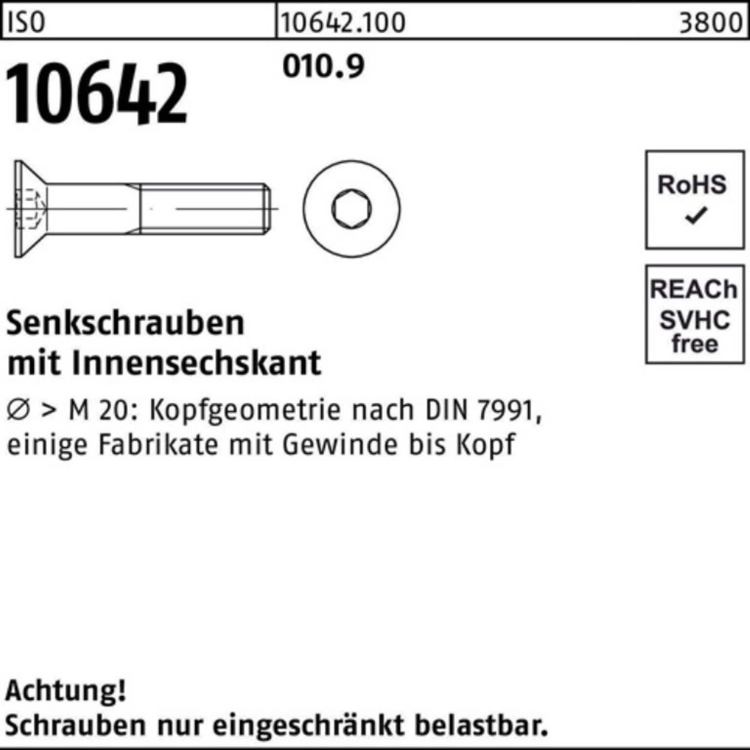Reyher Senkschraube 100er Pack Senkschraube 010.9 30 ISO M20x IS 10642 25 Innen-6kt Stück