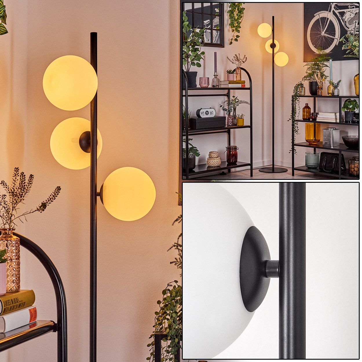 Stehlampe Stehlampe aus Metall/Glas in Schwarz/Weiß mit Fußschalter