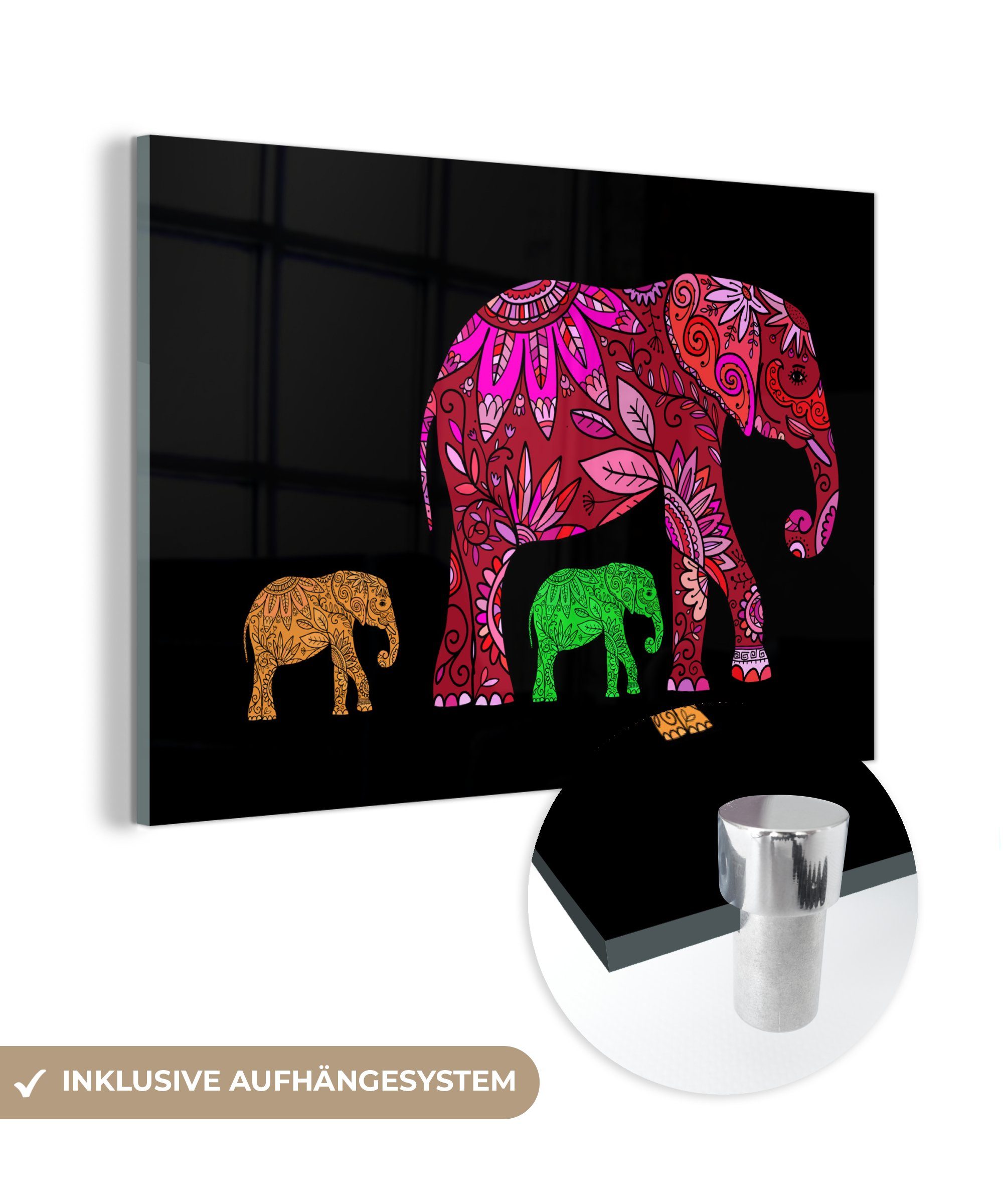 MuchoWow Acrylglasbild Elefanten - Muster - Blumen - Pflanzen, (1 St), Glasbilder - Bilder auf Glas Wandbild - Foto auf Glas - Wanddekoration