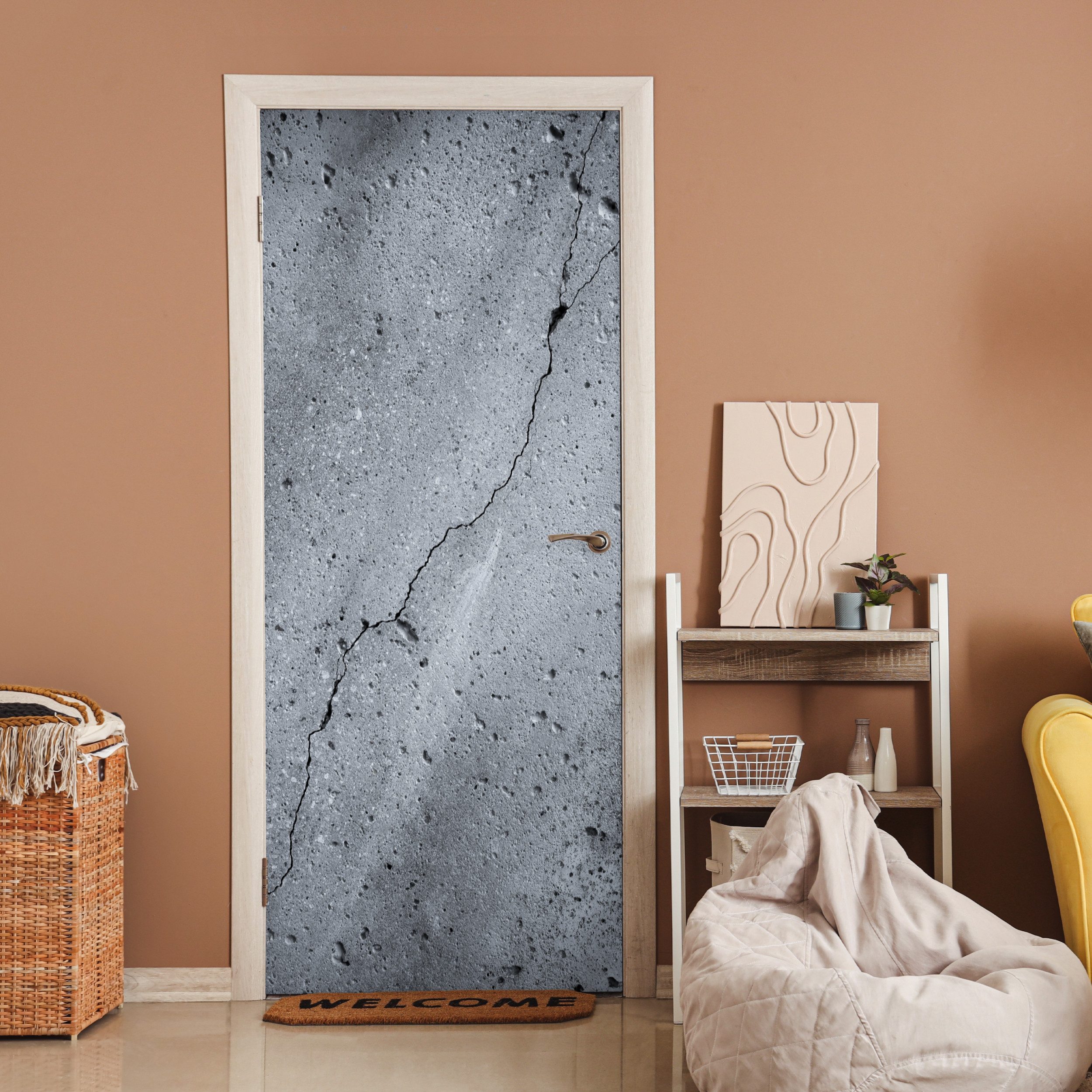 MuchoWow Türtapete Beton - Grau - Riss, Matt, bedruckt, (1 St), Selbstklebende Tapete, Folie für Möbel, 75x205 cm