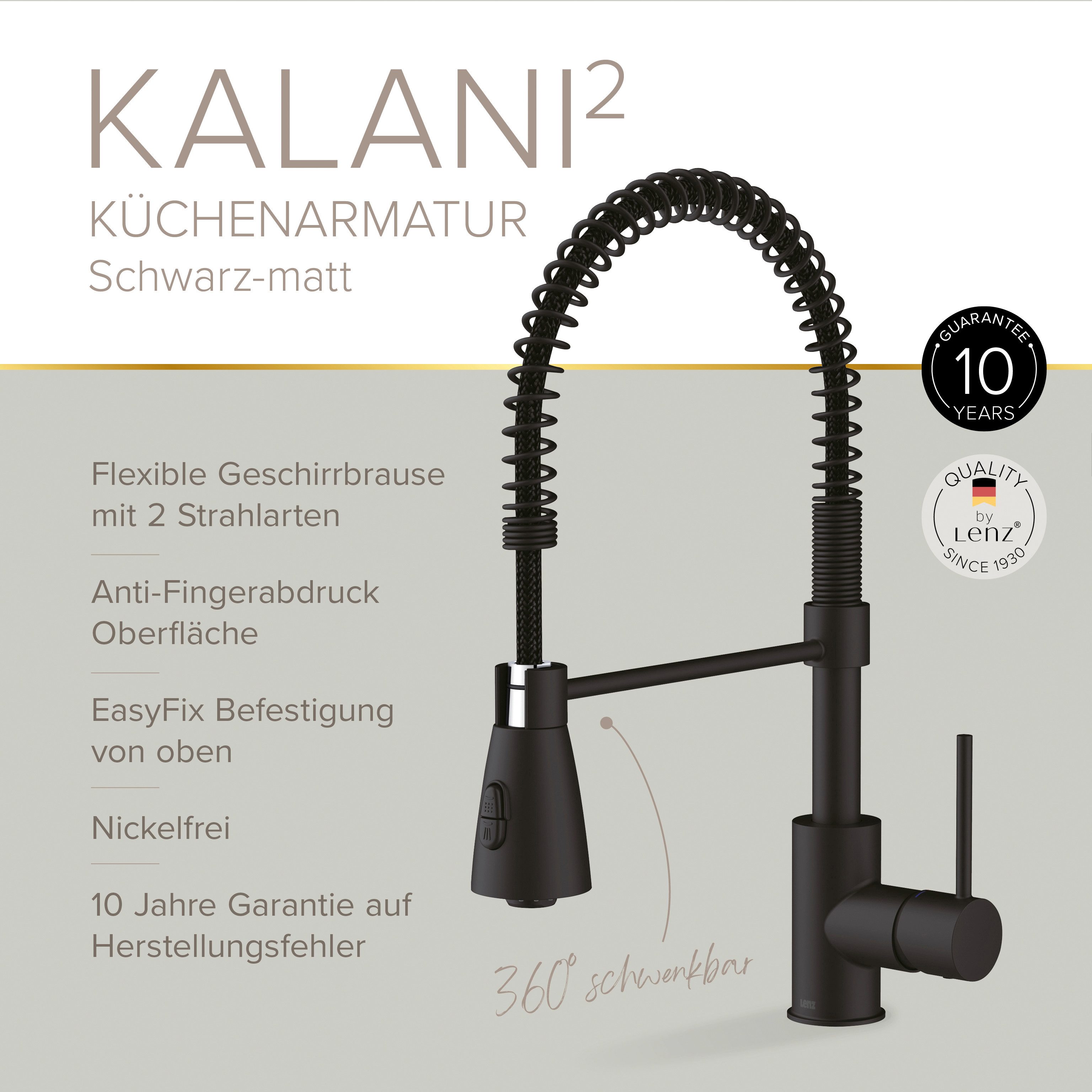 Lenz Küchenarmatur KALANI² flexible Geschirrbrause, 2 Strahlarten, 306° schwenkbar Nickelfrei