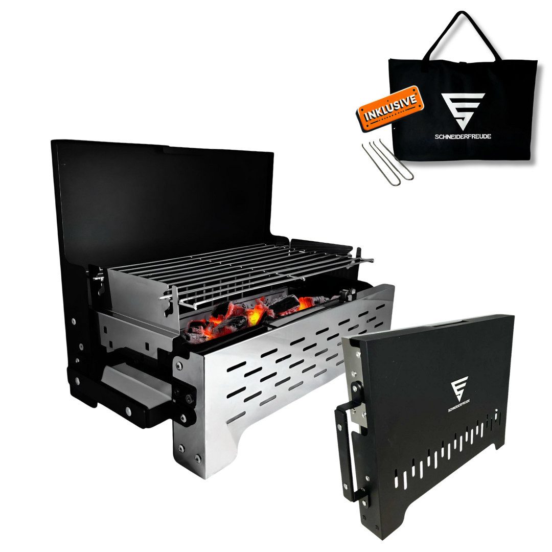 SCHNEIDERFREUDE Holzkohlegrill Klappgrill 2.0: Höhenverstellbarer Camping-Grill mit Zangen & Tasche