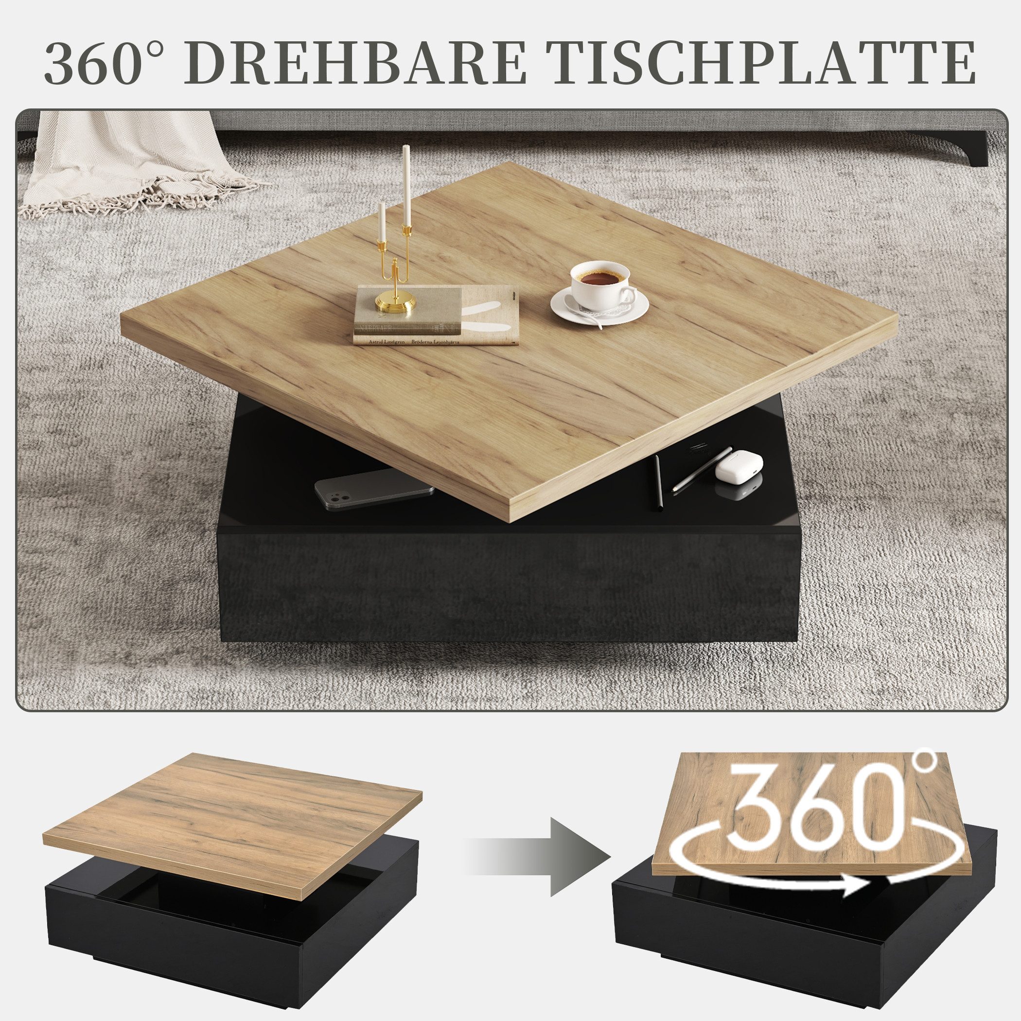 SeedWave Couchtisch Quadratischer Sofatisch mit 360° Drehbarer Ober-Tischplatte, Schublade, Hochglänzende Oberfläche an Unterseiten