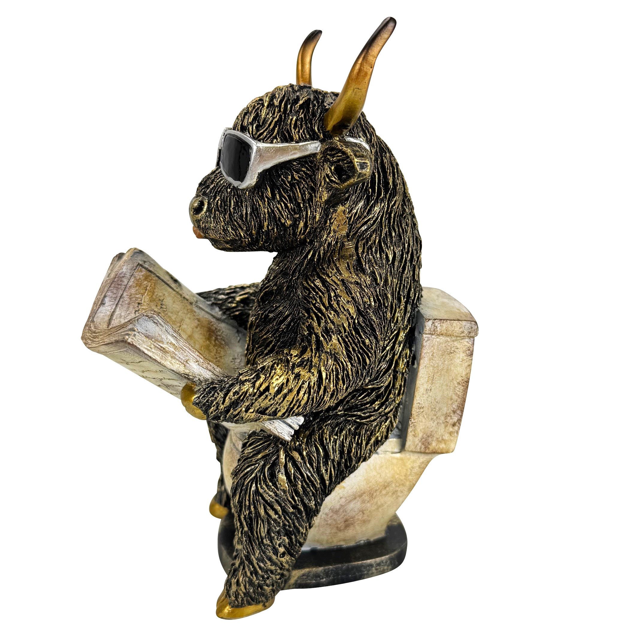 Online-Fuchs Dekofigur Highland Kuh auf der Toilette - Badezimmer & Gäste WC Dekoration (auch als Gartenfigur geeignet, 20,5 cm groß), Wetterfest! Auch für den Außenbereich geeignet
