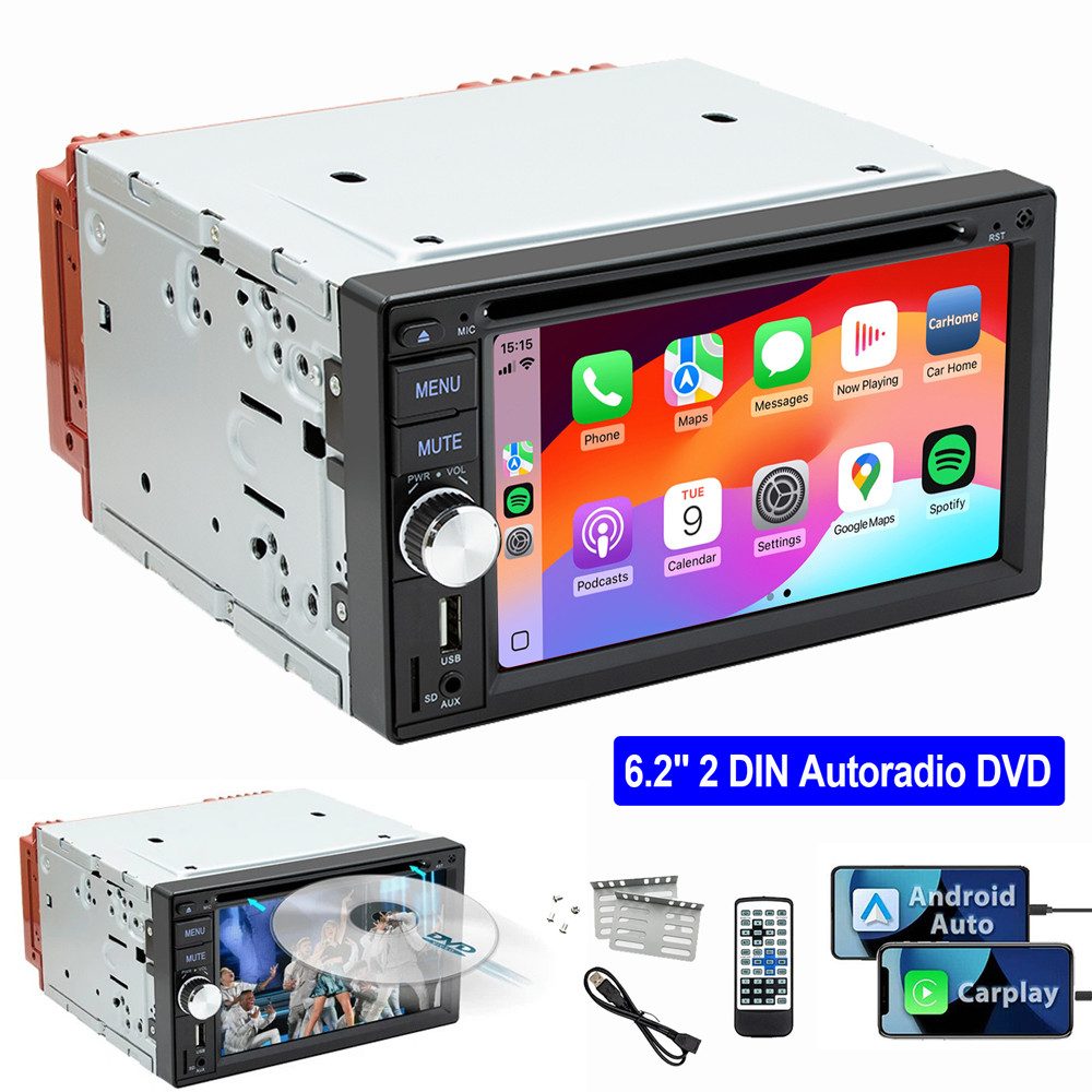 ESSGOO 6,2" 2DIN MP5 Carplay Android Auto DVD CD AM FM USB TF AUX-IN BT Autoradio (FM, AM, Touchscreen Mirror Link SWC EQ)