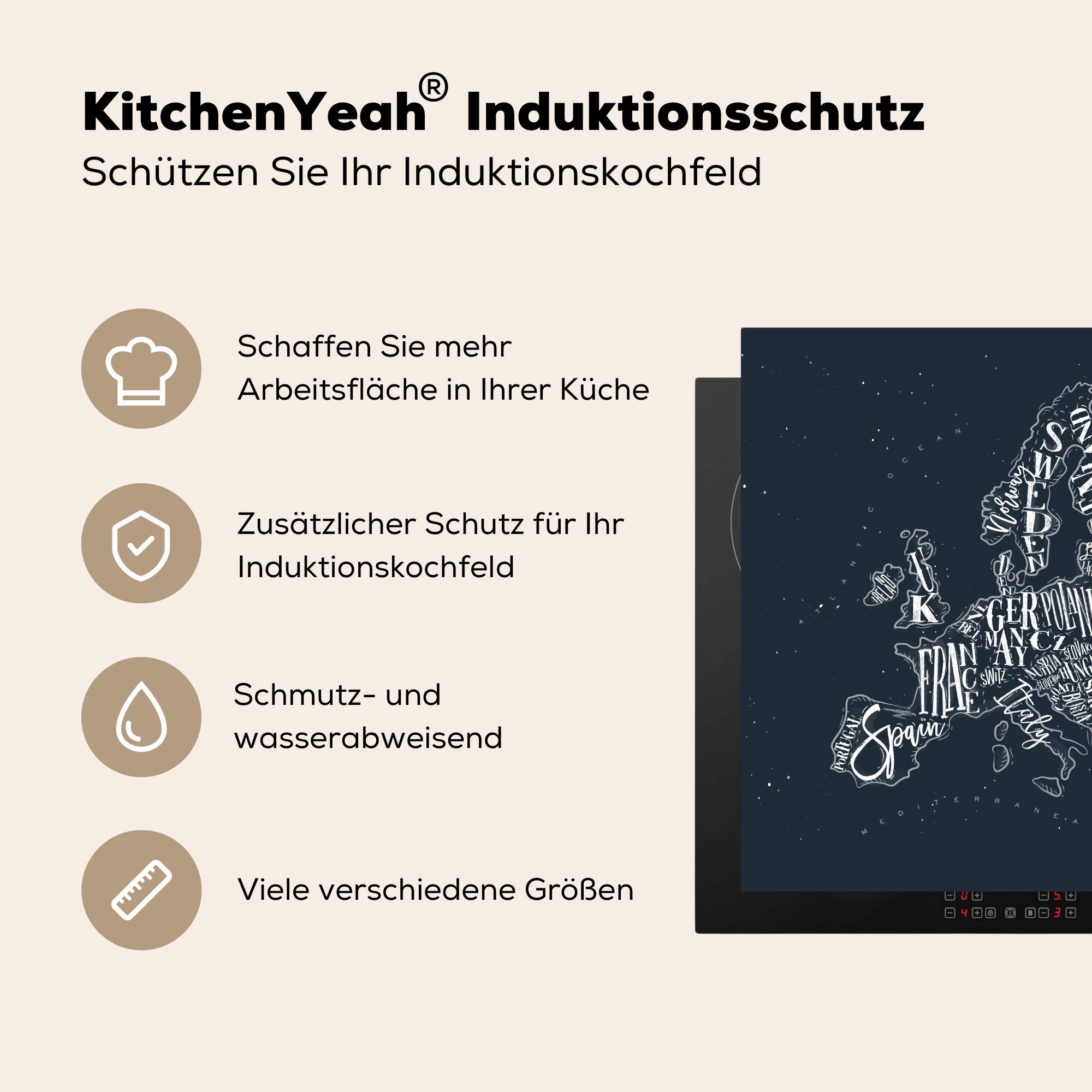 MuchoWow Herdblende-/Abdeckplatte Karte - tlg), Ceranfeldabdeckung, für Vinyl, Europa - cm, 78x78 Kreidetafel, küche Arbeitsplatte (1