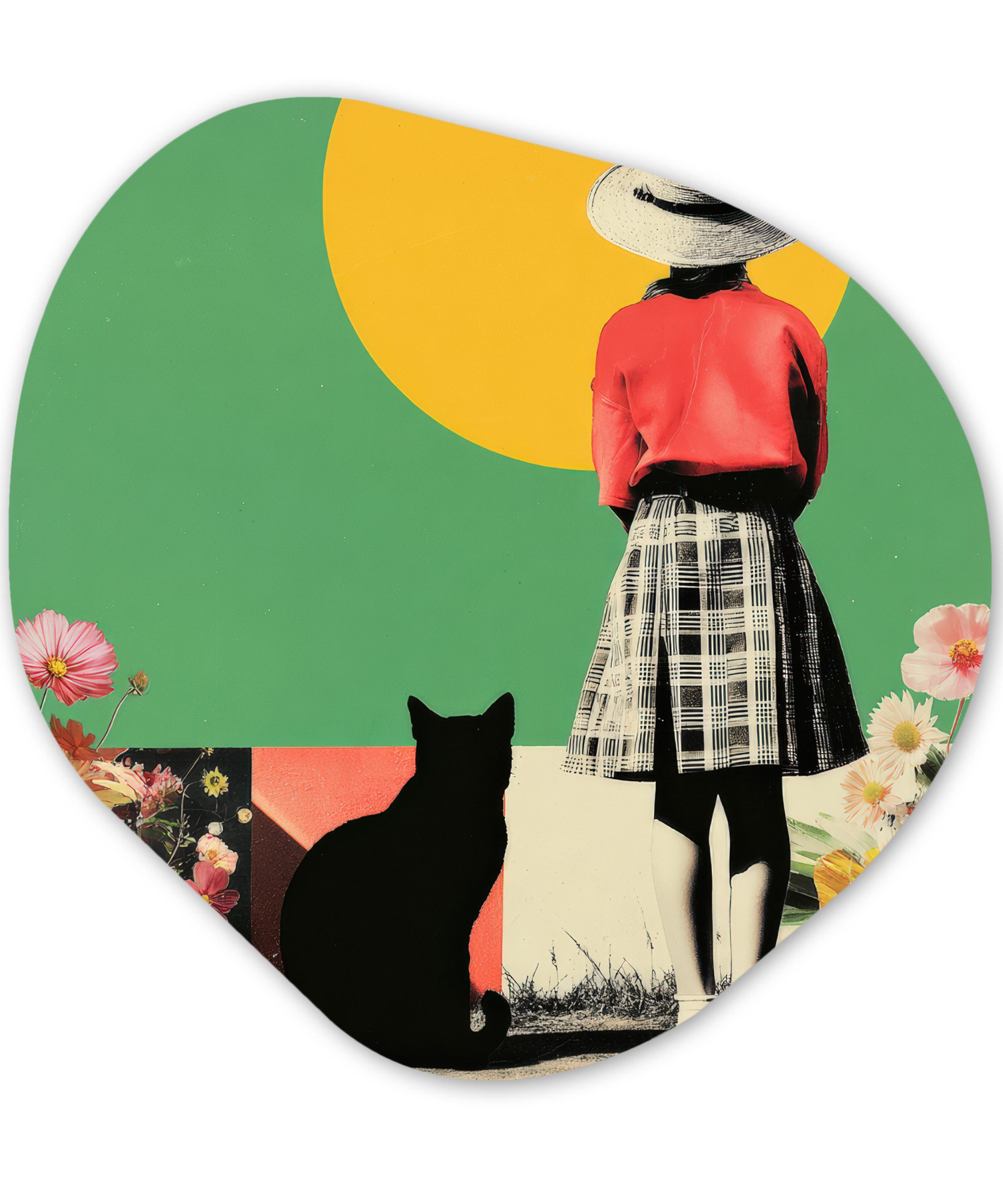 MuchoWow Gemälde Retro - Mädchen - Katze - Sonne, Fotodruck (1 St), Wandbild Abstrakt, Wohnzimmer Schlafzimmer Wanddekoration, 40x40 cm