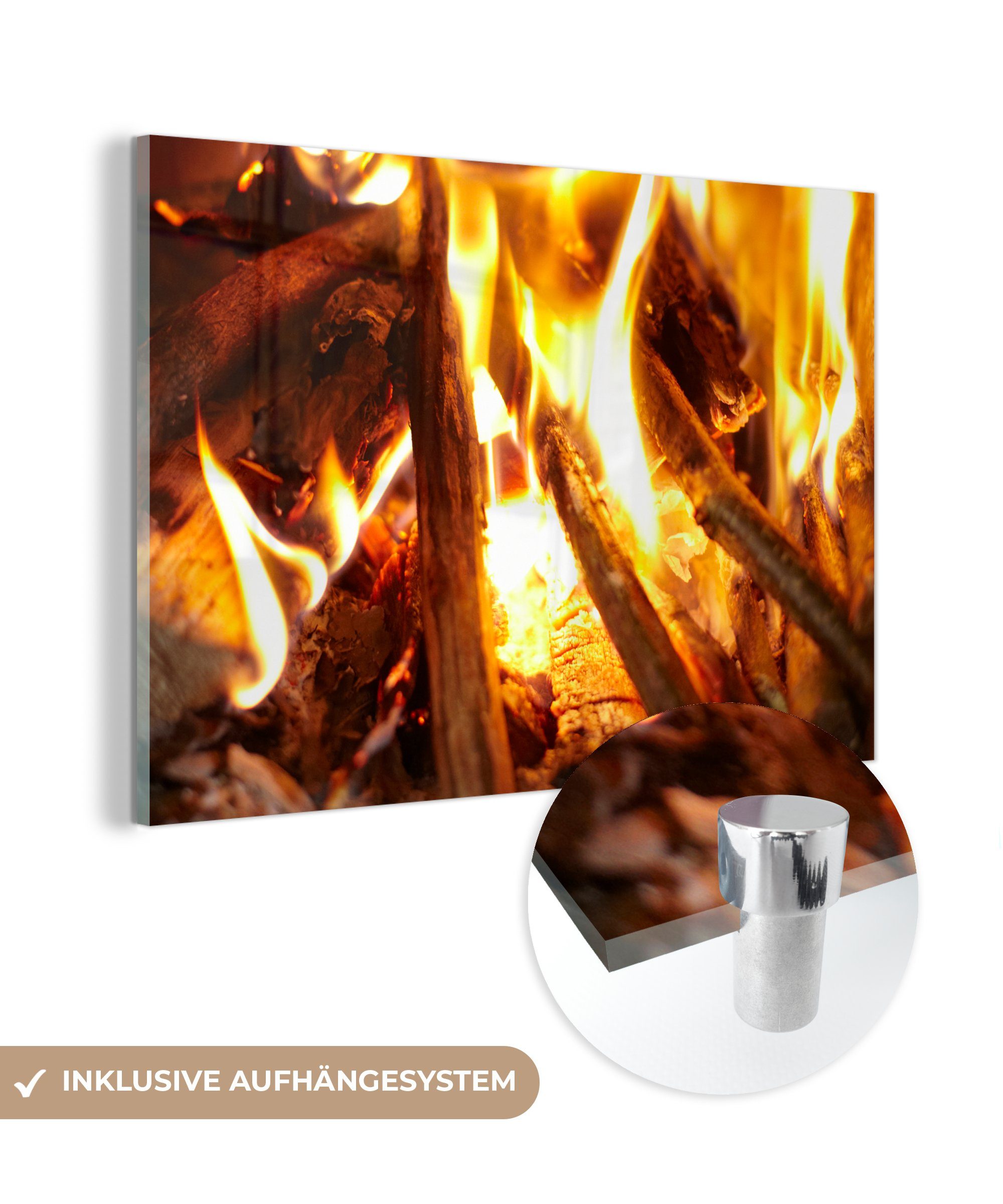 MuchoWow Acrylglasbild Ein Kamin mit Feuer, (1 St), Acrylglasbilder Wohnzimmer & Schlafzimmer | Bilder