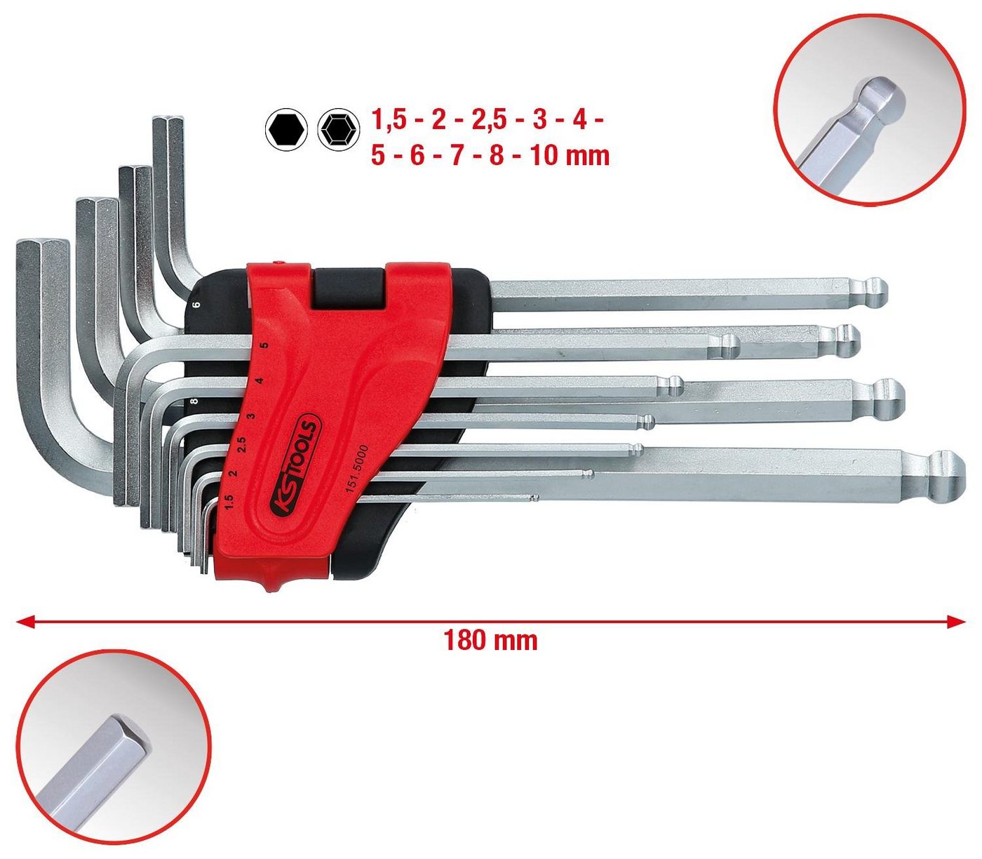 Thumbnail - KS Tools Winkelschlüssel Kugelkopf-Innensechskant-Winkelstiftschlüssel-Satz, lang, 10-tlg