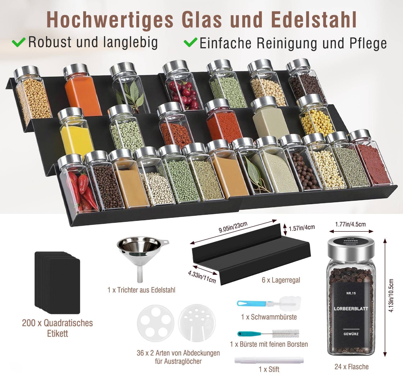 ElitVita Gewürzstreuer Gewürzgläser Eckig, mit 24 Gewürzdosen, Etiketten Pinsel Trichter, (24-tlg), mit Gewürzregal, Zwei Deckeltypen, für Küche