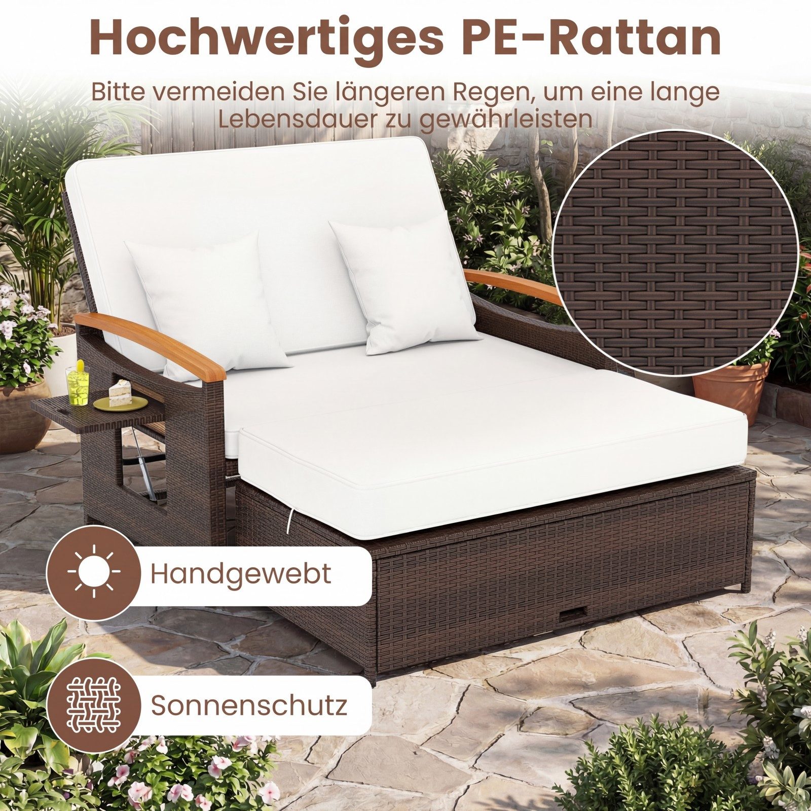 KOMFOTTEU Gartenliege 3 in1 Rattan Sofabett Doppelliege, mit ausziehbarer Seitenablage & Hocker