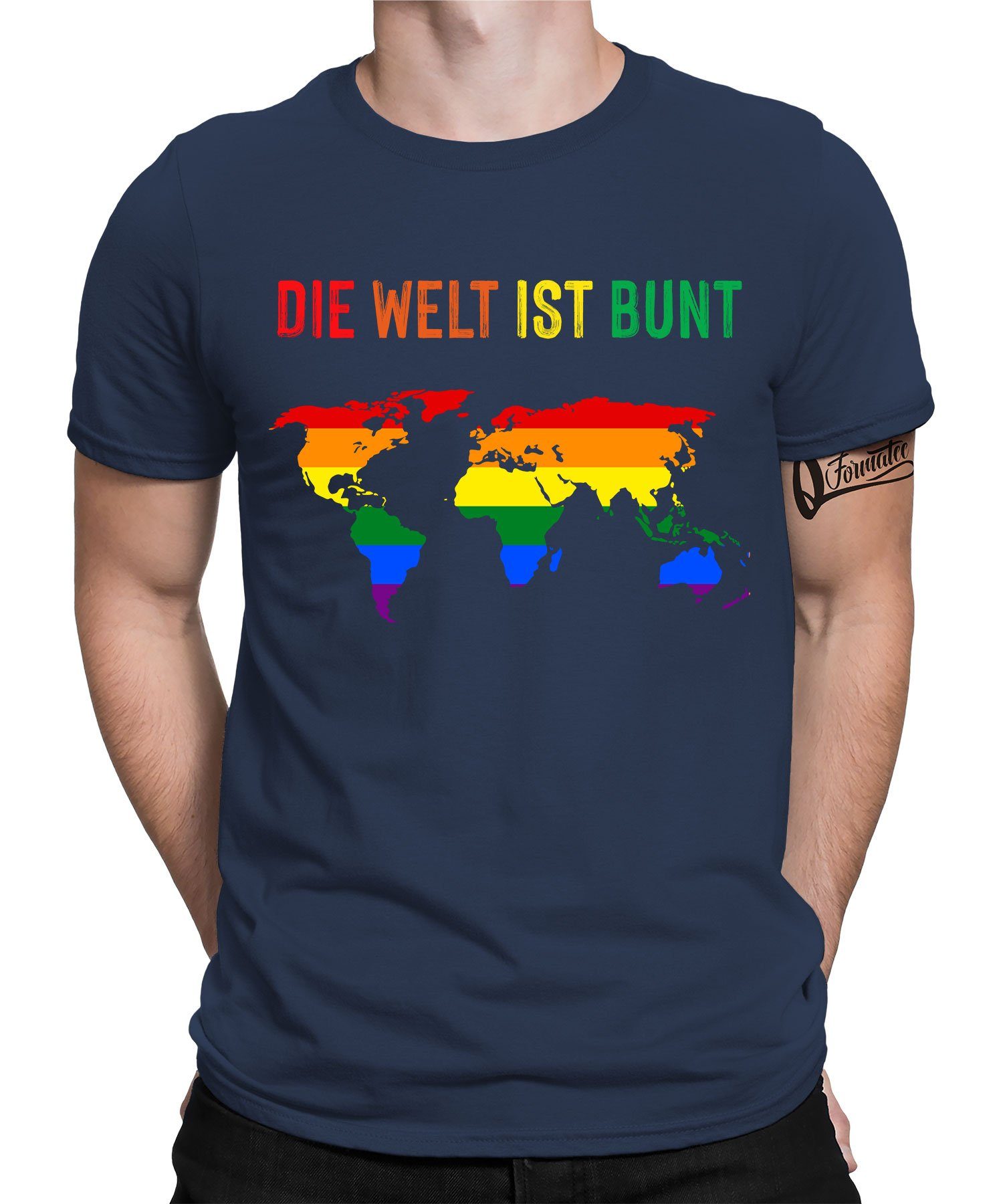 Quattro Formatee T-Shirt Kurzarmshirt Pride (1-tlg) Regenbogen Herren Navy Stolz ist Bunt Blau LGBT Welt Gay 