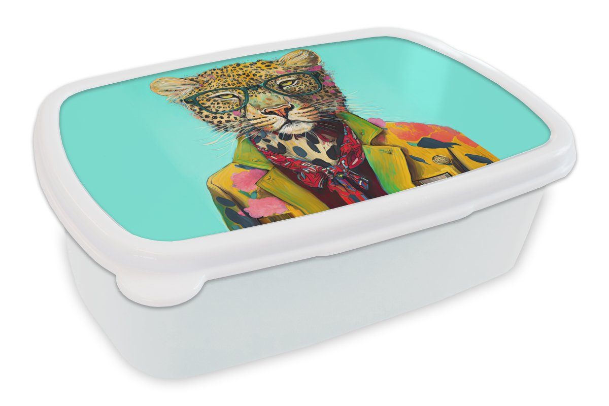 MuchoWow Lunchbox Tier - Brille - Leopard - Schleife - Design, Kunststoff, (2-tlg), Brotbox für Kinder und Erwachsene, Brotdose, für Jungs und Mädchen weiß