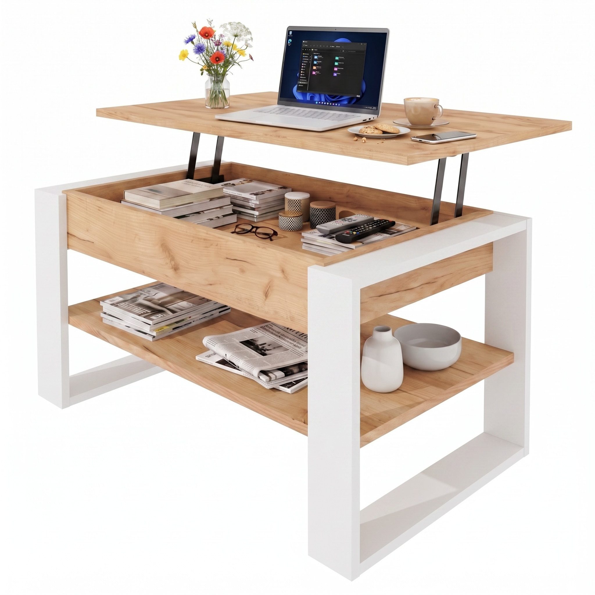 TREND WERK Couchtisch Lift-Couchtisch höhenverstellbar Sofatisch 92×55 cm mit Stauraum (verstecktem Fach Wohnzimmertisch Holz modern)