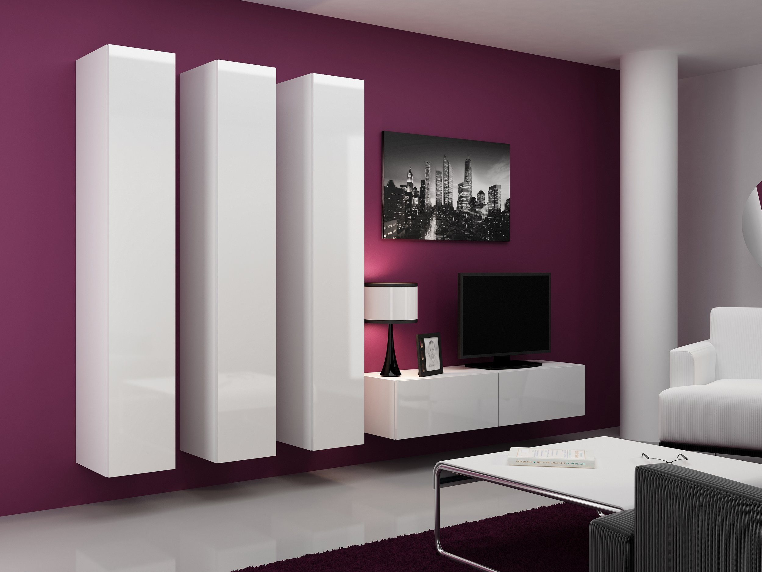 3xHängeschrank, aus Hochglanz Wohnwand Modern (4-St), bestehend Wohnmöbel, mit Push-to-Open, Weiß/Weiß (Set Vago und Wohnzimmer-Set), Stylefy XIV, Hochglanzfronten, Design 1xLowboard
