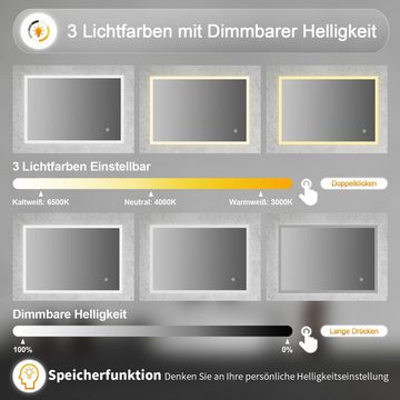 WDWRITTI Badspiegel Wandspiegel Spiegel Led 100x60 cm Memory 3Farben Helligkeit dimmbar (Badezimmerspiegel mit beleuchtung,Spiegel Bad, Lichtspiegel, Touch/Wandschalter), energiesparender,IP44