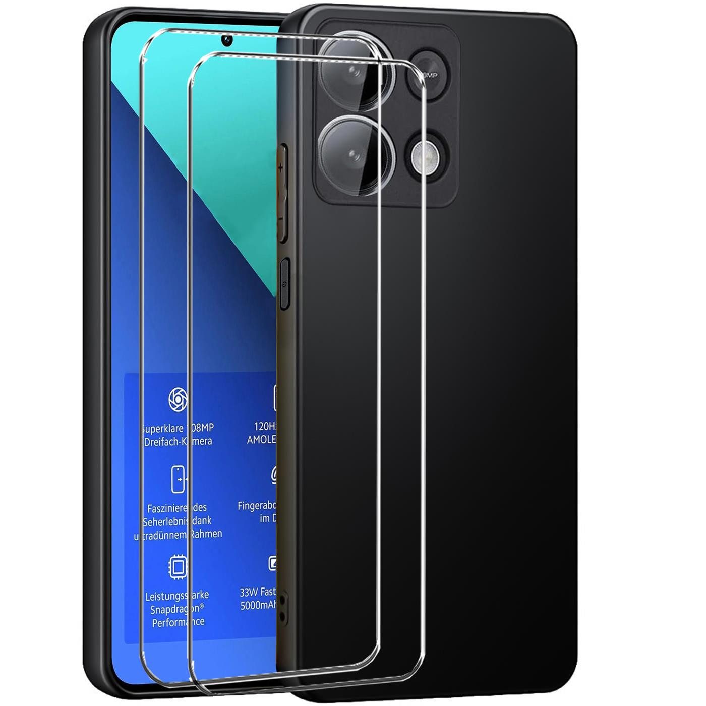 CoolGadget Handyhülle Schwarz als 2in1 Schutz Cover Set für das Xiaomi POCO F5 Pro 5G 6,67 Zoll, 2x Glas Display Schutz Folie + 1x TPU Case Hülle für POCO F5 Pro 5G