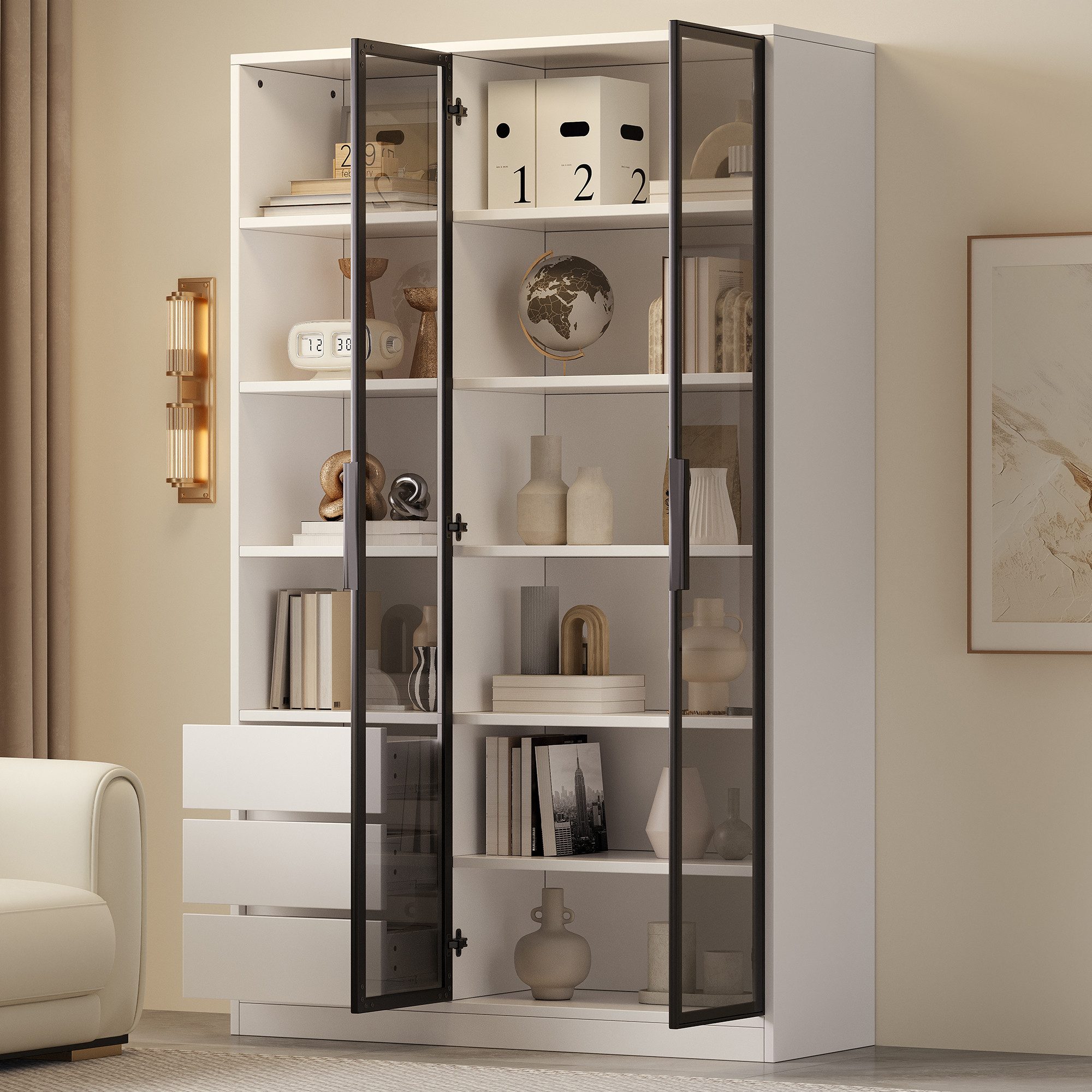 Merax Vitrine mit LED-Beleuchtung, Weinschrank mit höhenverstellbarem Einlegeboden (1-St., Glasvitrine Multifunktionsschrank Vitrinenschrank 100x35x160cm) Hochschrank mit 2 Glastüren, 4 offenen Ablagen & 3 Schubladen