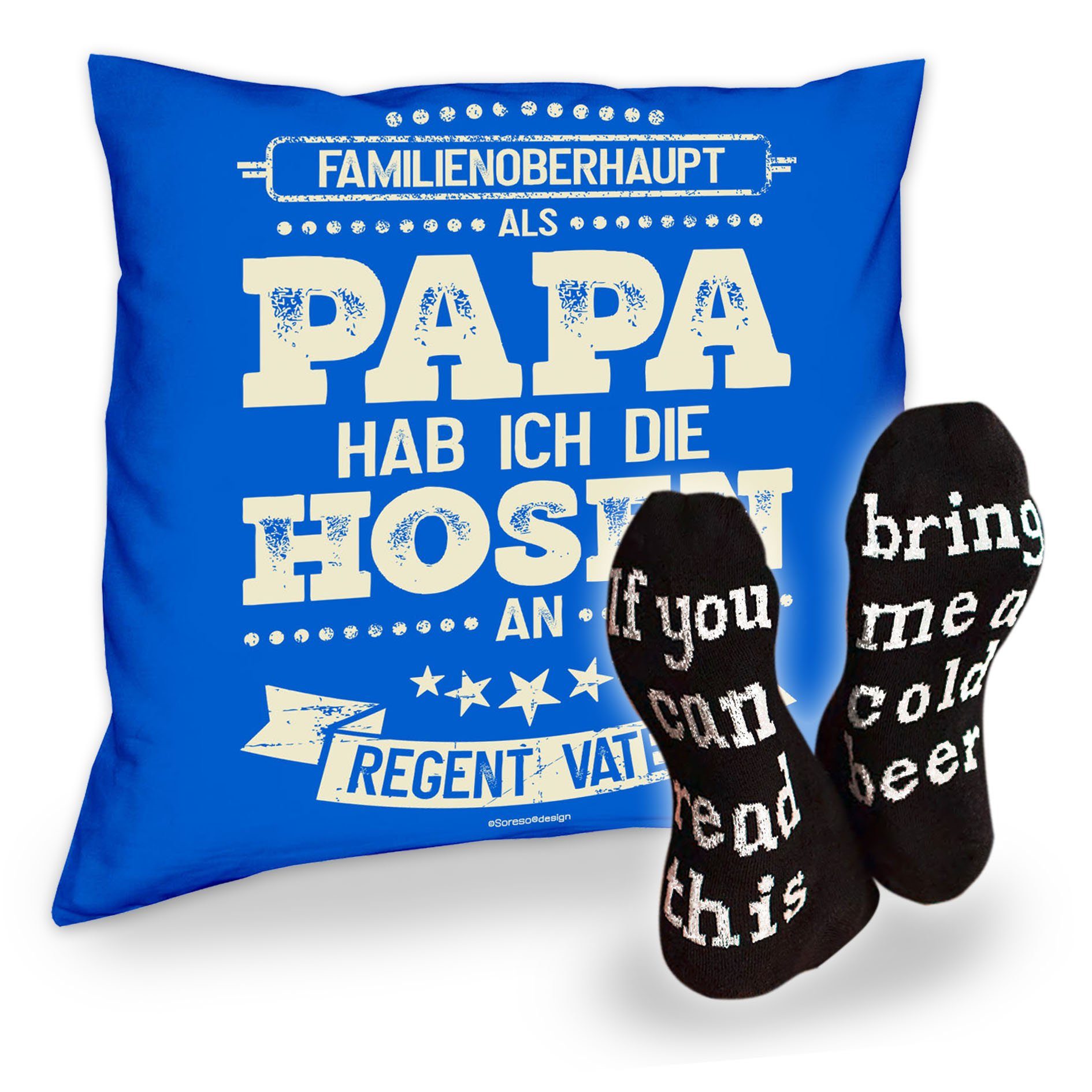 Soreso® Dekokissen Kissen Als Papa hab ich die Hosen an und Socken mit Bier Spruch, Geschenkidee Weihnachtsgeschenk royal-blau