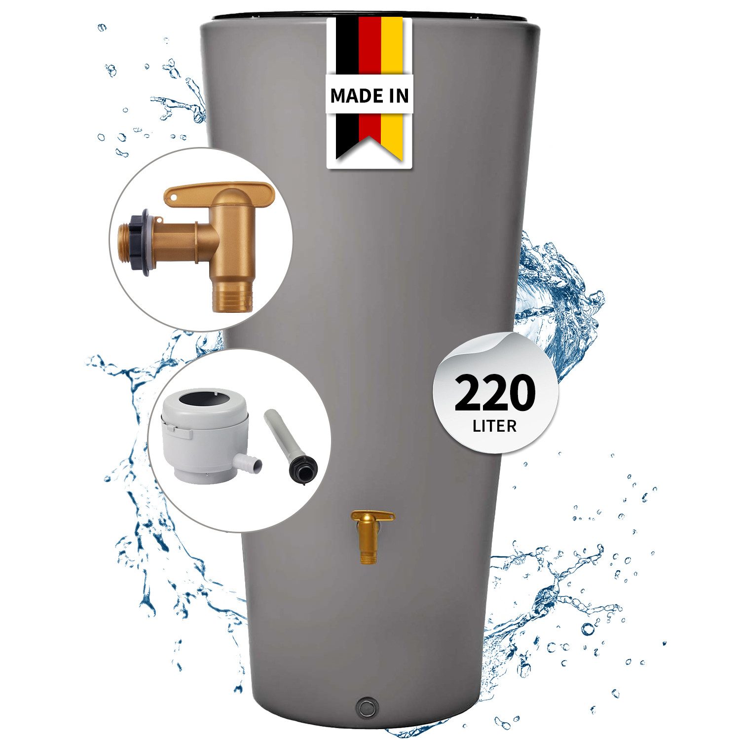 4rain Regentonne VASO 2in1 Regentonnen Komplett-Set 220 L zinkgrau, 220 l