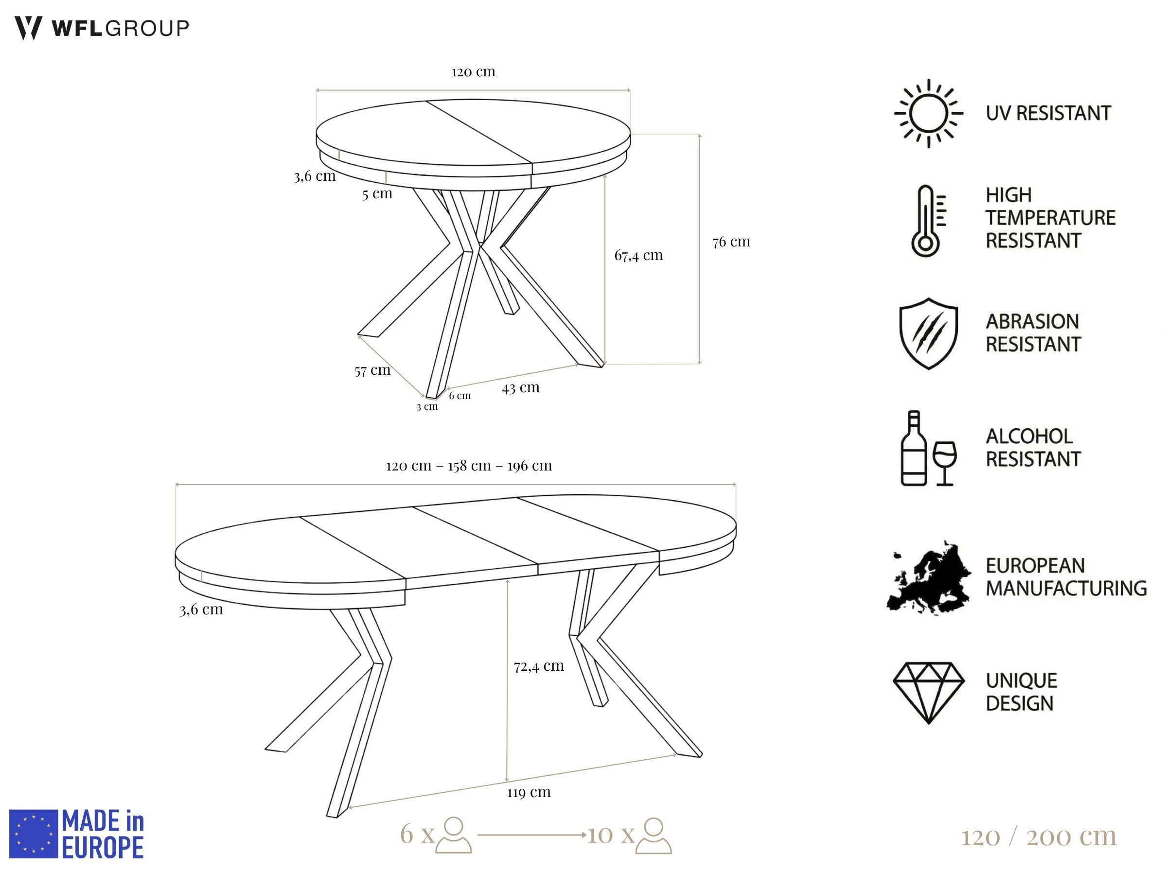 WFL GROUP Esstisch Ross ausziehbar rund industrial mit schwarzen Metallbeinen (MADE IN EU, erhältlich in 3 Größen – 90/100/120 cm ausziehbar auf 170/180/200 cm), platzsparender Tisch in Holzoptik für Küche, Esszimmer oder Wohnzimmer