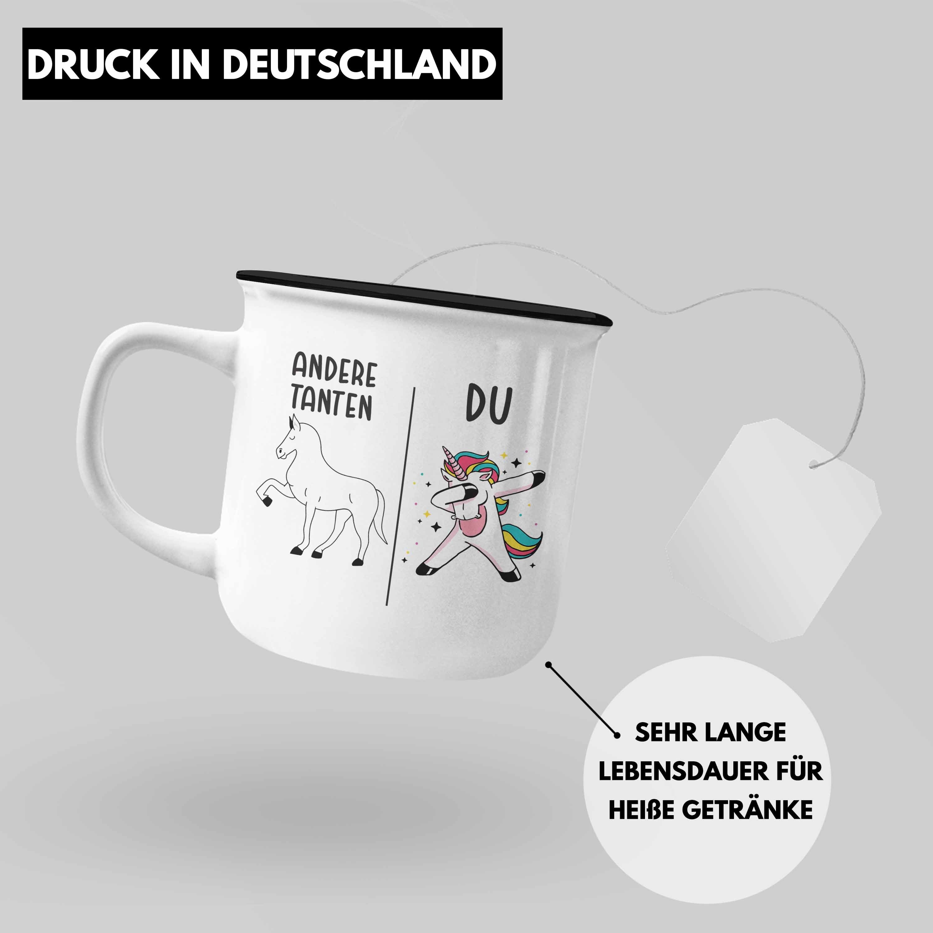 Trendation Trendation Tante Beste KaffeeEmaille Tasse Geschenk Tasse - Emaille Tante Schwarz mit Thermotasse Spruch für