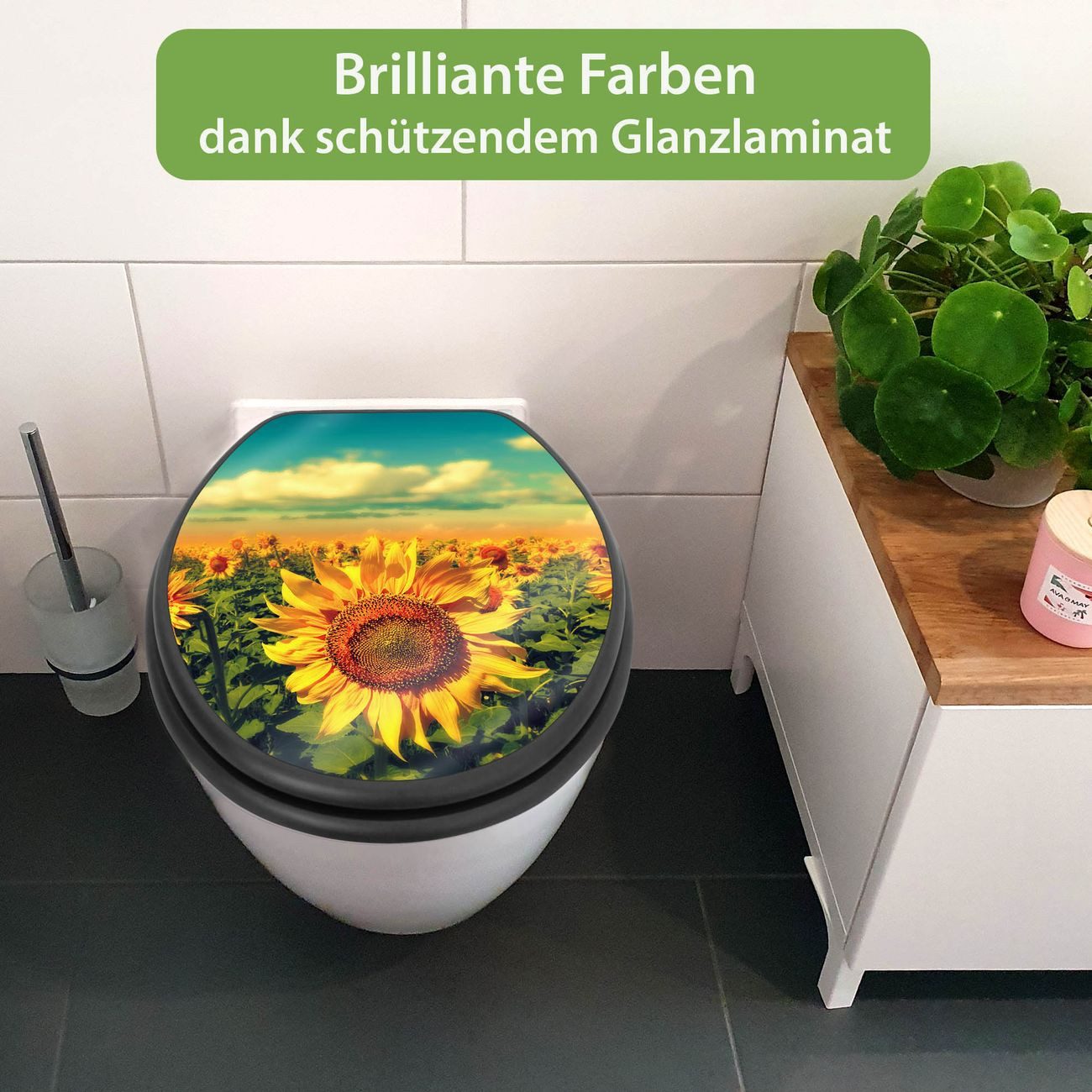 banjado WC-Sitz Anthrazit mit Absenkautomatik Motiv Sonnenblumen (umweltfreundliches Material, integrierte Absenkautomatik), 46,5 x 38 x 5 cm