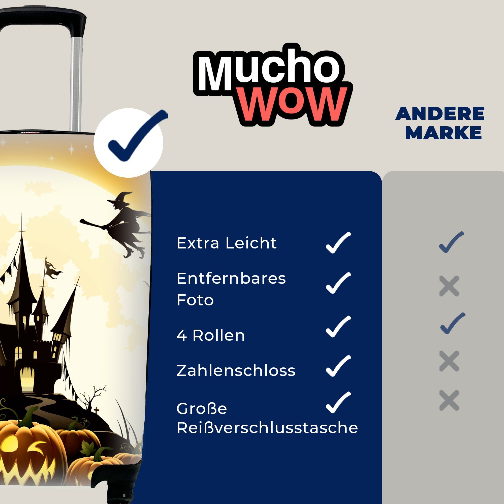 zu Eine ein Hexe, einer die MuchoWow 4 über Handgepäck Illustration für Halloween Trolley, Ferien, fliegt, rollen, Reisekoffer mit Reisetasche Handgepäckkoffer Schloss Rollen,