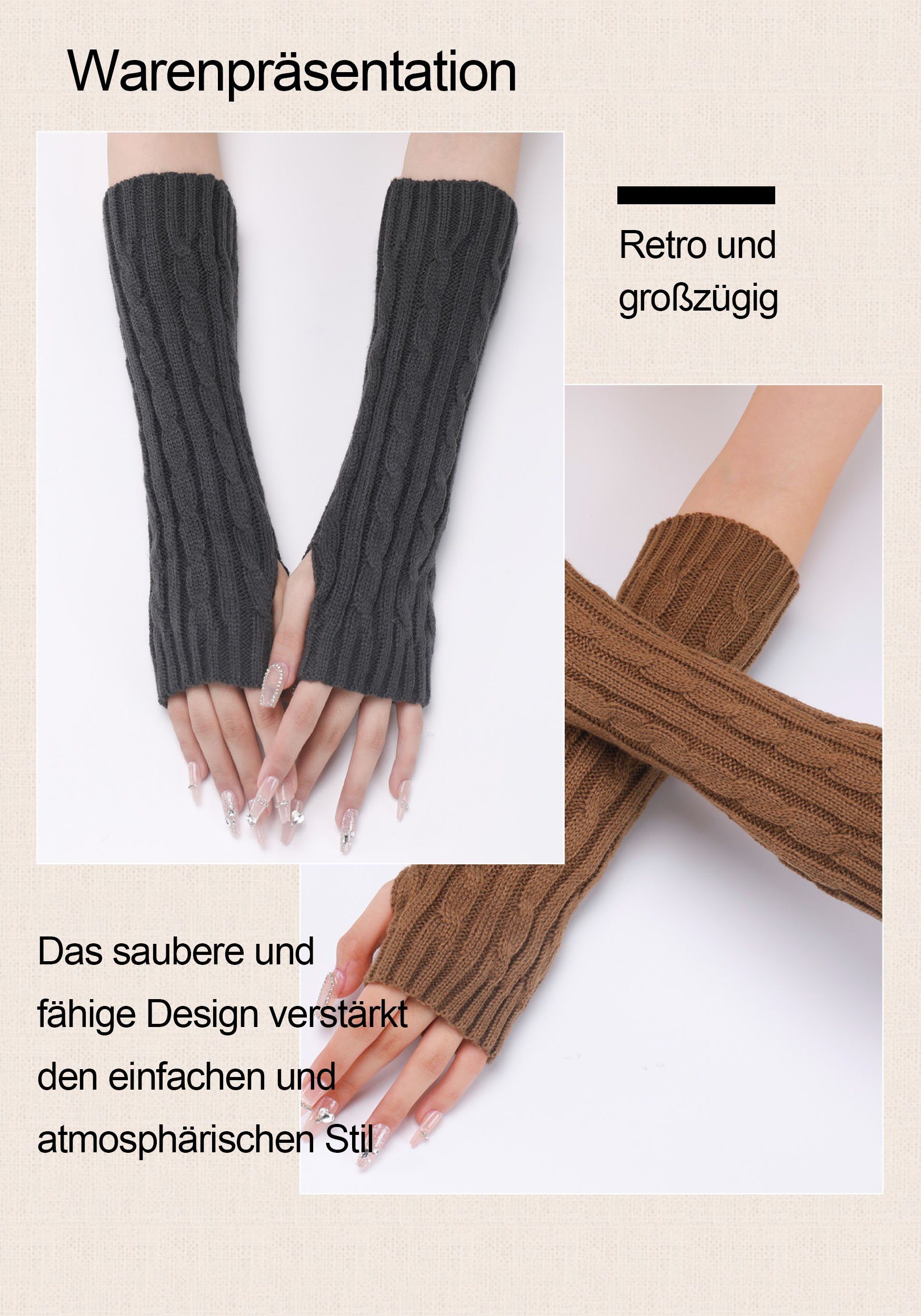 Fingerlose 2 Dehnbare Strickhandschuhe Armwärmer Handschuhe Daumenloch Braun MAGICSHE Paar Stricken
