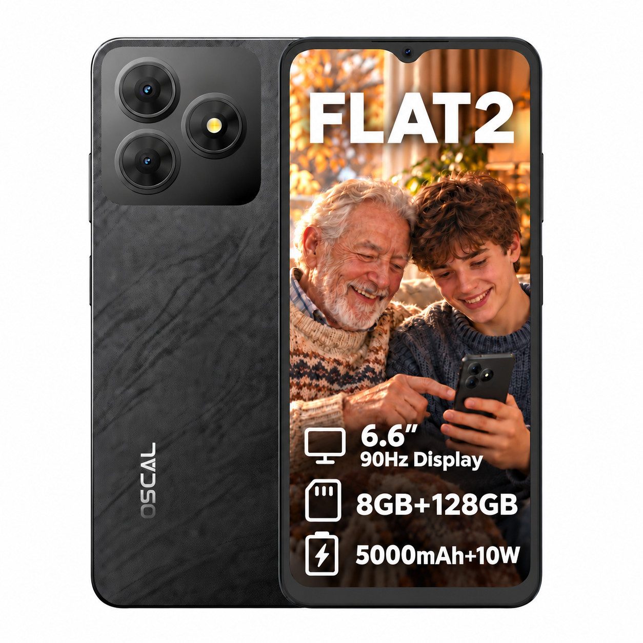 OSCAL FLAT2 256GB AI Handy für Senioren/Kinder, 6,6 Zoll einfaches Smartphone (6.6 Zoll, 128 GB Speicherplatz, 13 MP Kamera, Android 14, Gemini AI, Fingerabdruck, Dual SIM 4G)