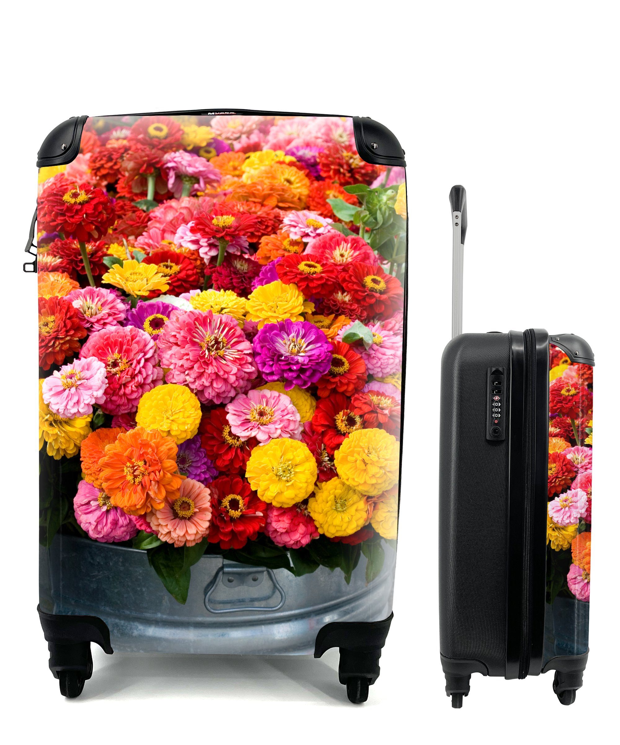 MuchoWow Handgepäckkoffer Frisch geschnittene Zinnienblüten in einem Metallbehälter, 4 Rollen, Reisetasche mit rollen, Handgepäck für Ferien, Trolley, Reisekoffer