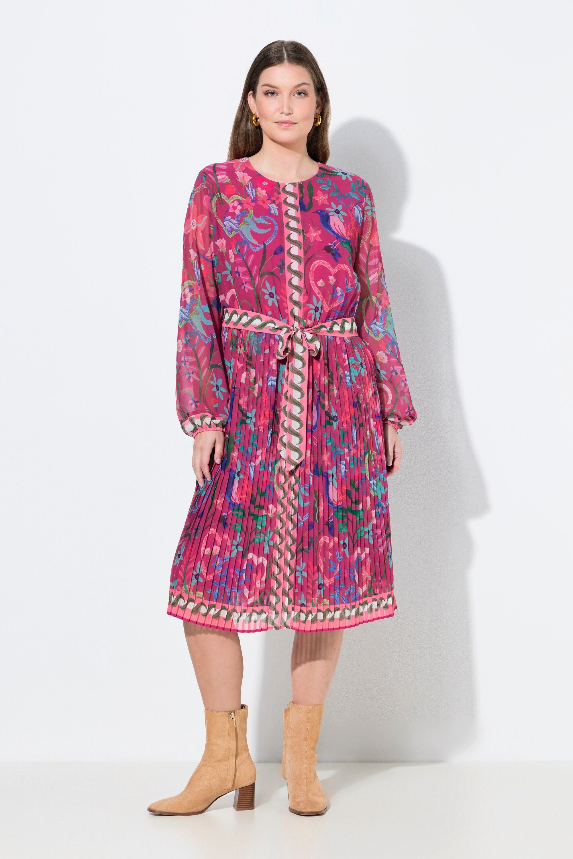 Ulla Popken Midikleid Midikleid plissierter Rock A-Linie Rundhals