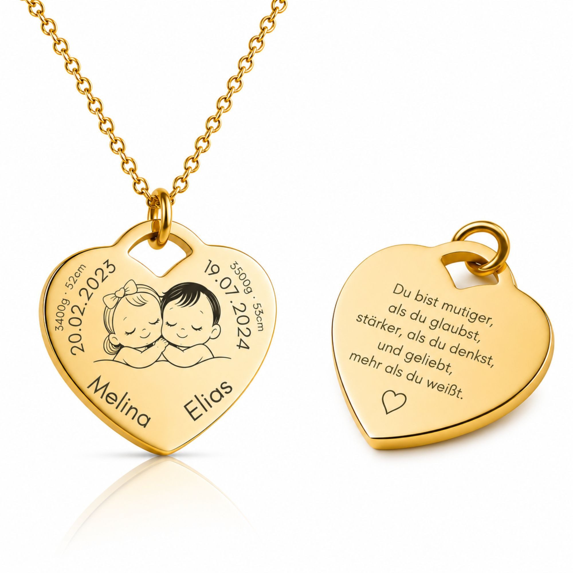BS Schmuckdesign Kette mit Anhänger mit Gravur Personalisierte Halskette Geburtskette Herzkette Mutter-Kind (inkl. Gravur), personalisierbar inkl. Geschenkbox