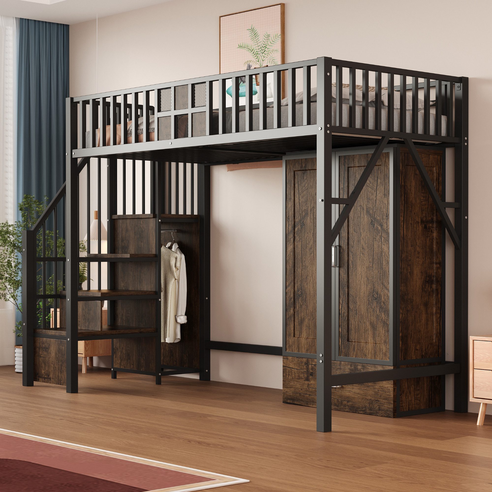 Flieks Hochbett Metallbett 90×200cm mit Kleiderschrank, Schublade und Staur günstig online kaufen