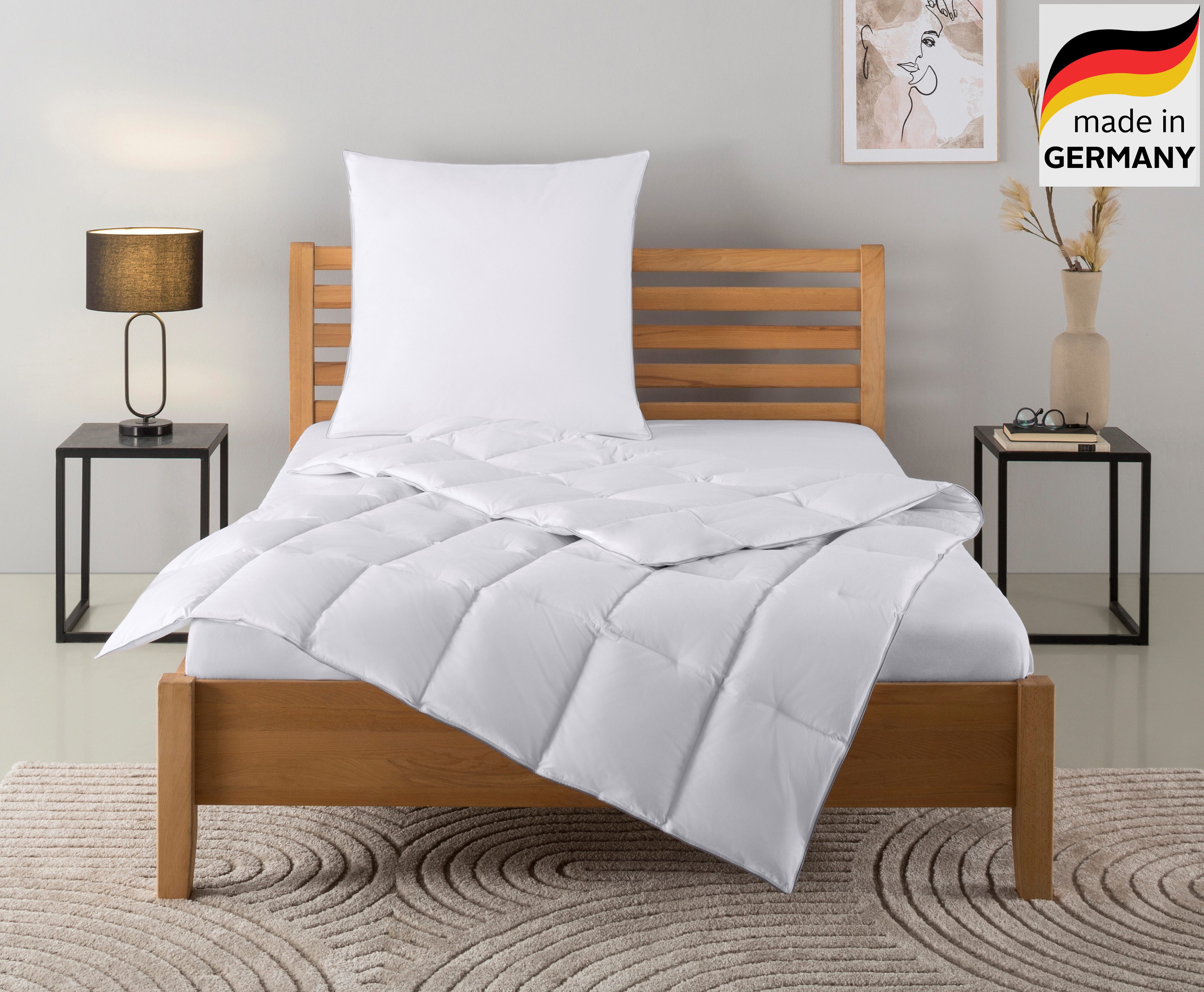 OTTO home Daunenbettdecke + Kopfkissen TAMINS, Bettdecke 135x200 cm und 155x220 cm, 2-tlg., Füllung: 100% Daunen, Bezug: 100% Baumwolle, Set mit Kissen 40x80 cm, 80x80 cm, Sommer, Winter, Made in Germany