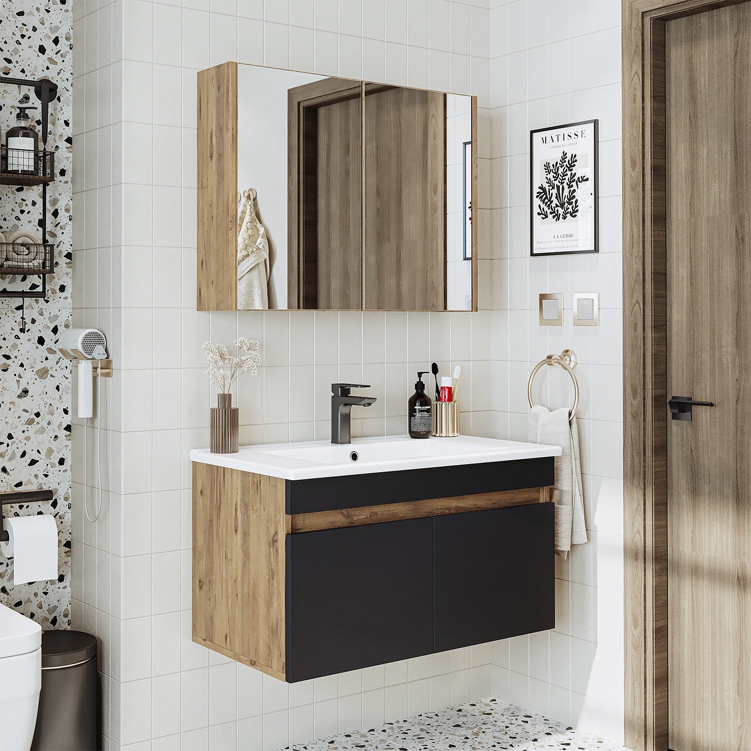 Roomart Badmöbel-Set ATRIA Badmöbel-Set 85 cm, 3-teilig, Keramik-Waschbecken, Soft-Close, (Badmöbel Set Unterschrank mit Waschbecken Spiegelschrank), Soft-Close, Waschbecken, Spiegelschrank, Unterschrank