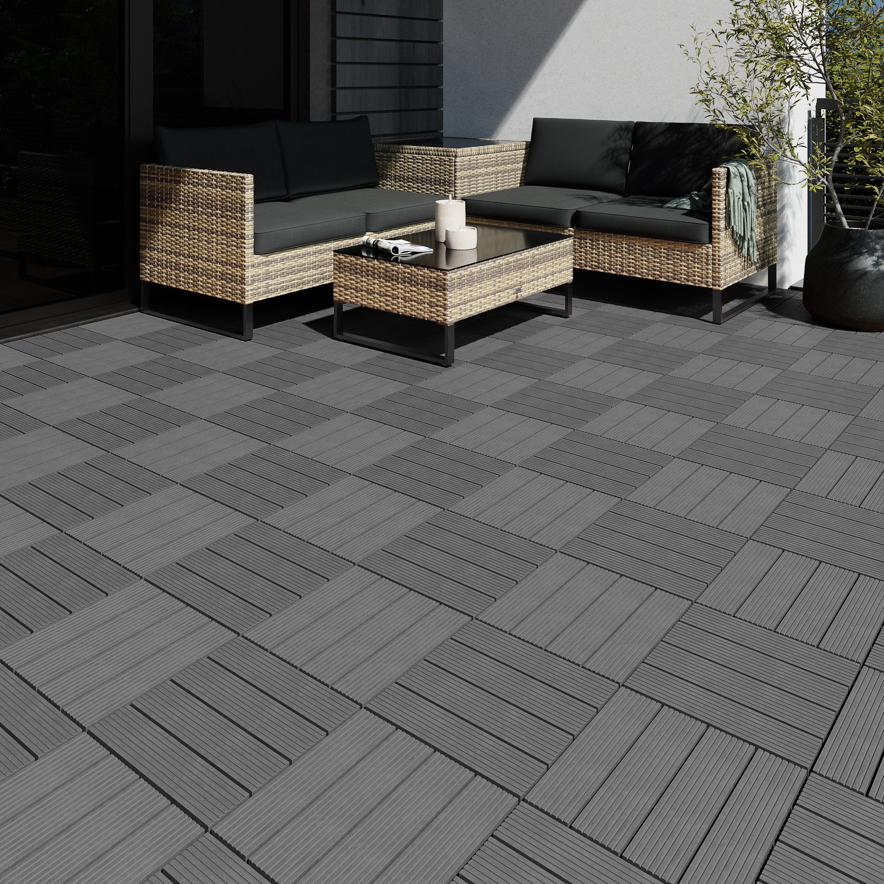 tectake Terrassendielen Terrassenfliesen 11er Set im Klicksystem, 31 x 31 x 2,2 cm, 1,0571 m², BxL: je 31,00x31,00 cm, (Terrassenplatten Außenbereich Tegulas, 11-St., in grau), robustes WPC in Holzoptik, mit Drainage, wetterfest